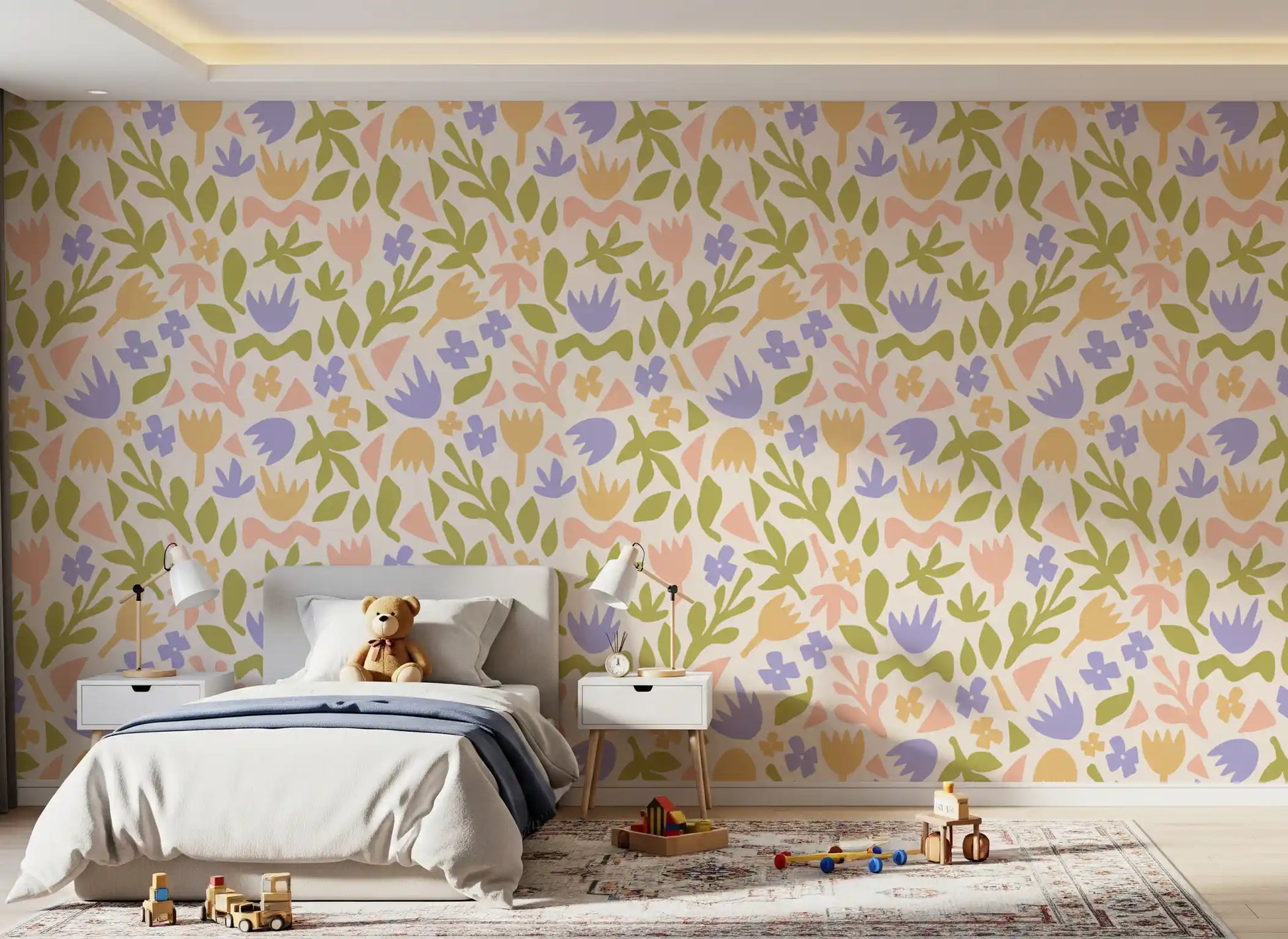 Pastel Botanical Folk Art Shapes Wallpaper⁠