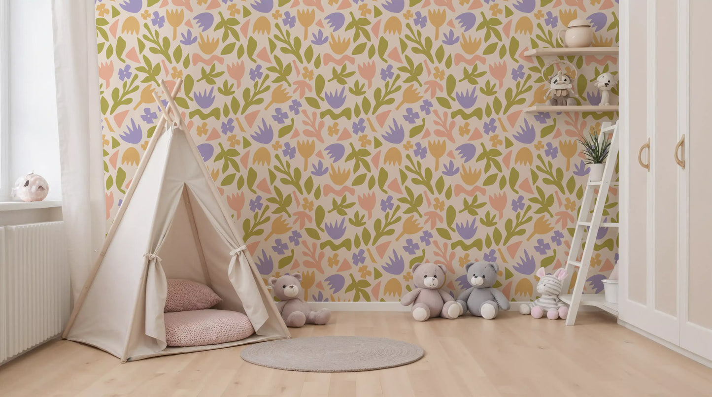 Pastel Botanical Folk Art Shapes Wallpaper⁠