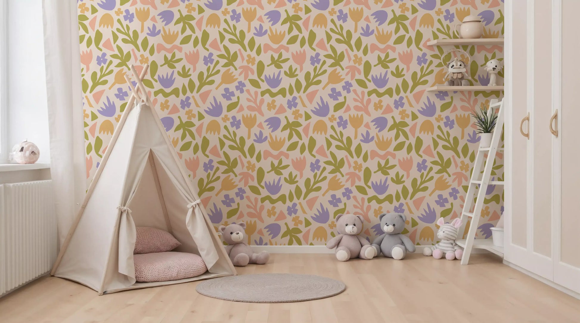 Pastel Botanical Folk Art Shapes Wallpaper⁠