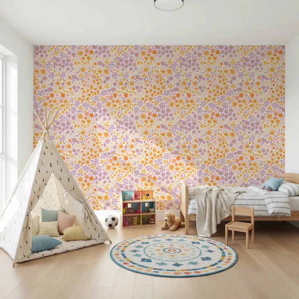 Colourful wildflower wallpaper in a boho kids playroom GD12007