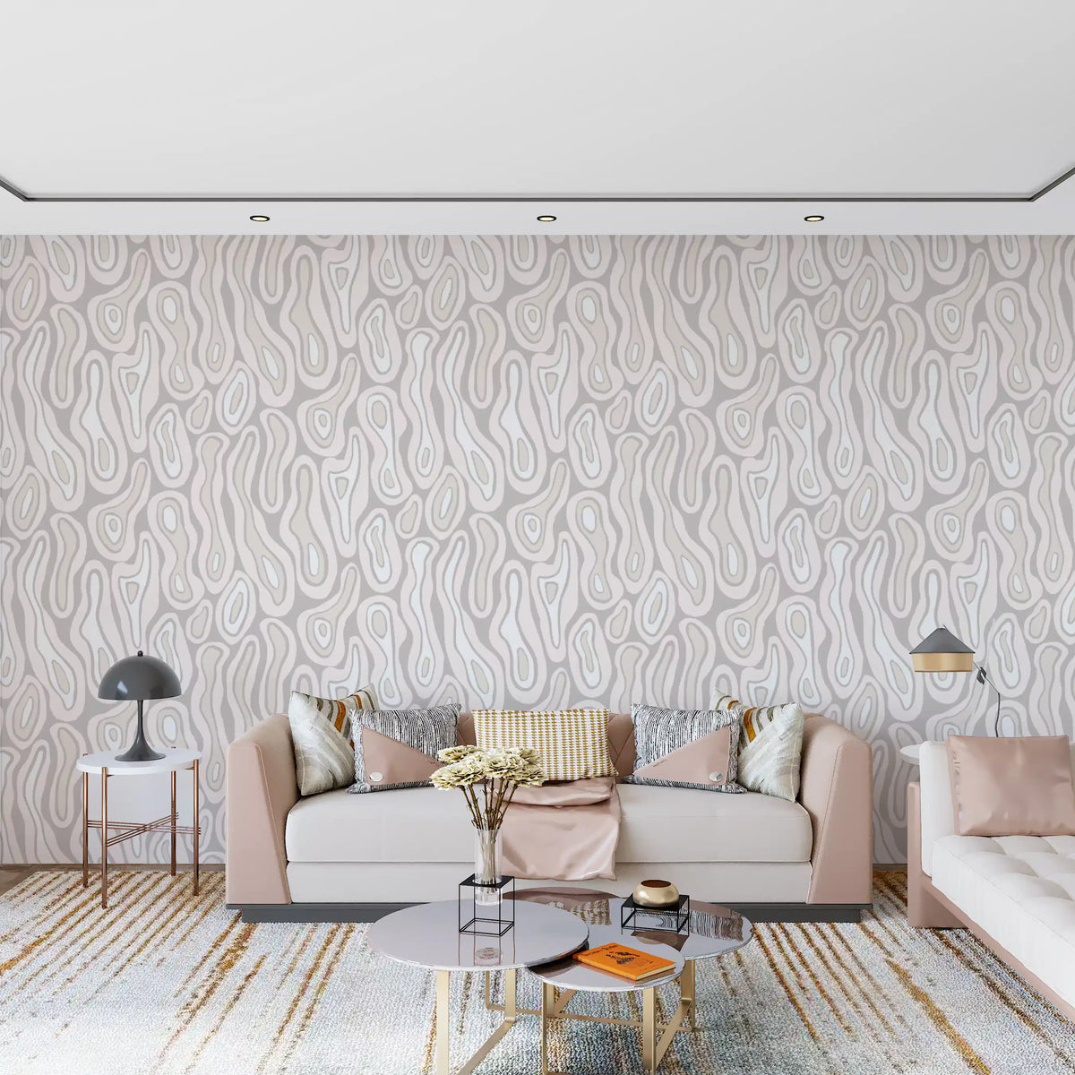 Beige organic line wallpaper in a soft living room GD12011