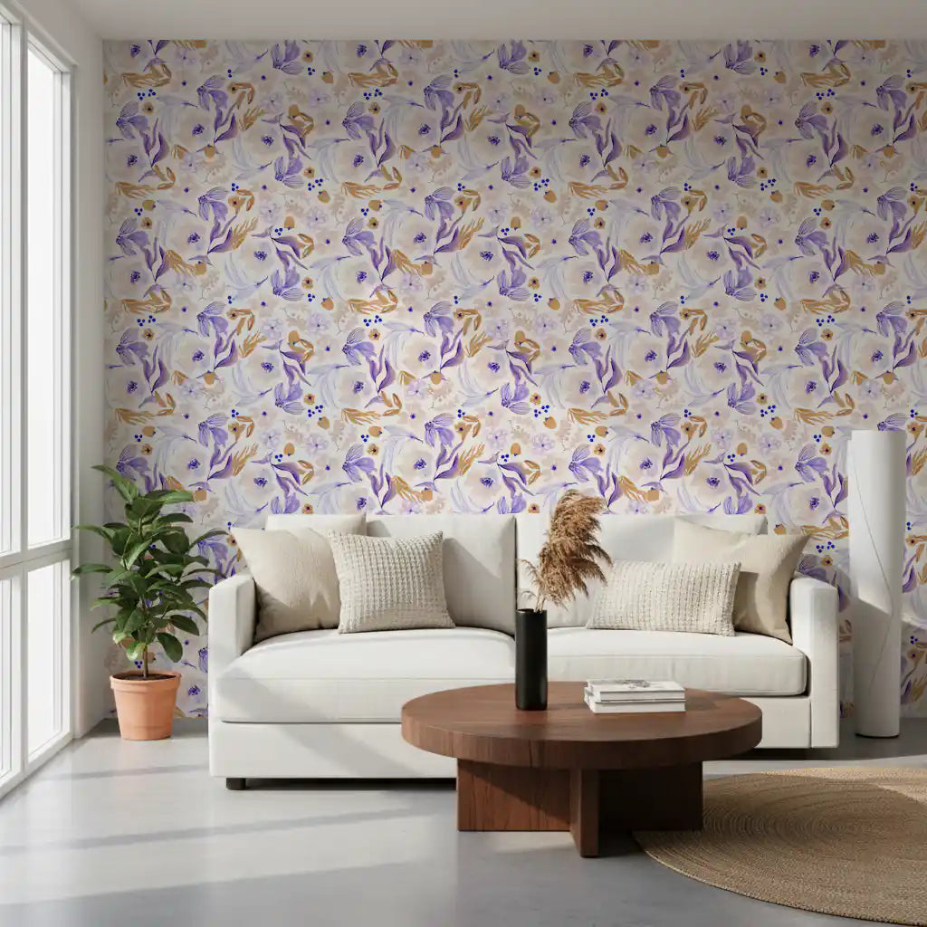 Lavender and Gold Botanical Bloom Wallpaper⁠