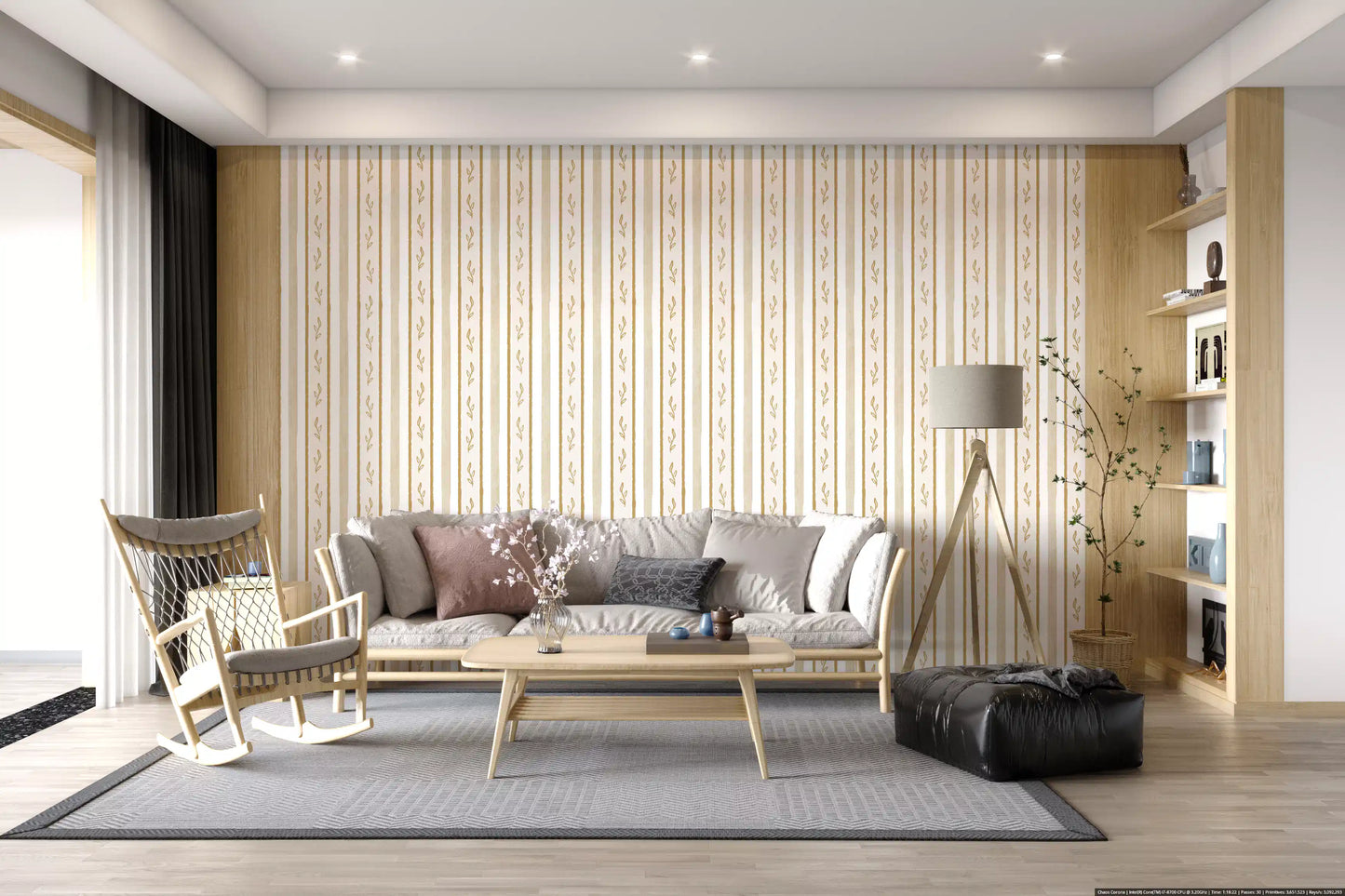 Golden Leaf Striped Botanical Wallpaper⁠