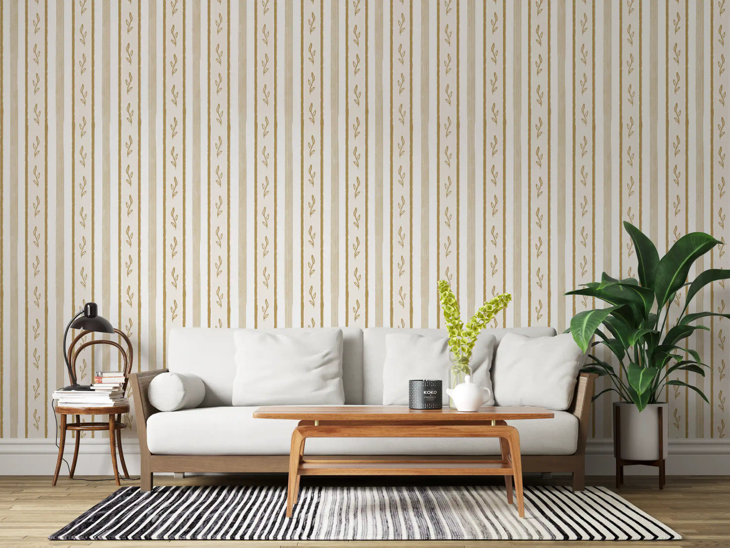 Golden Leaf Striped Botanical Wallpaper⁠