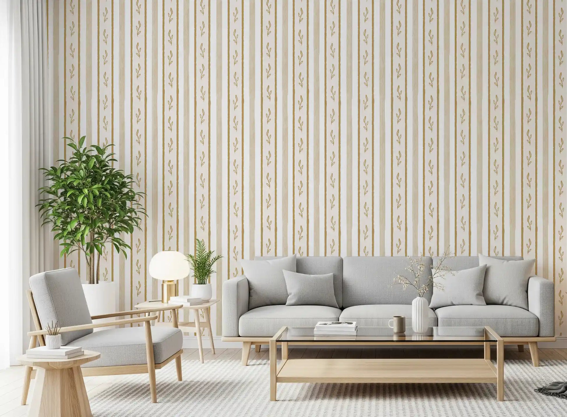 Golden Leaf Striped Botanical Wallpaper⁠