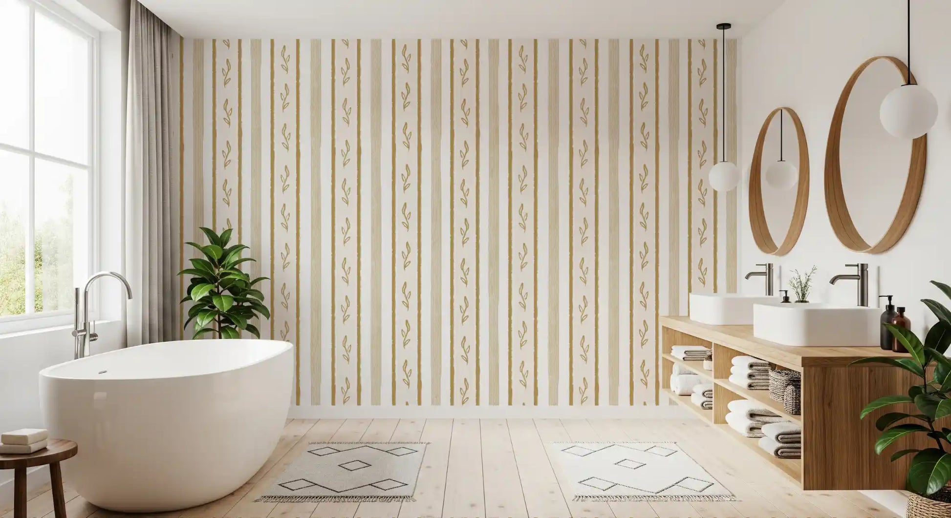 Golden Leaf Striped Botanical Wallpaper⁠