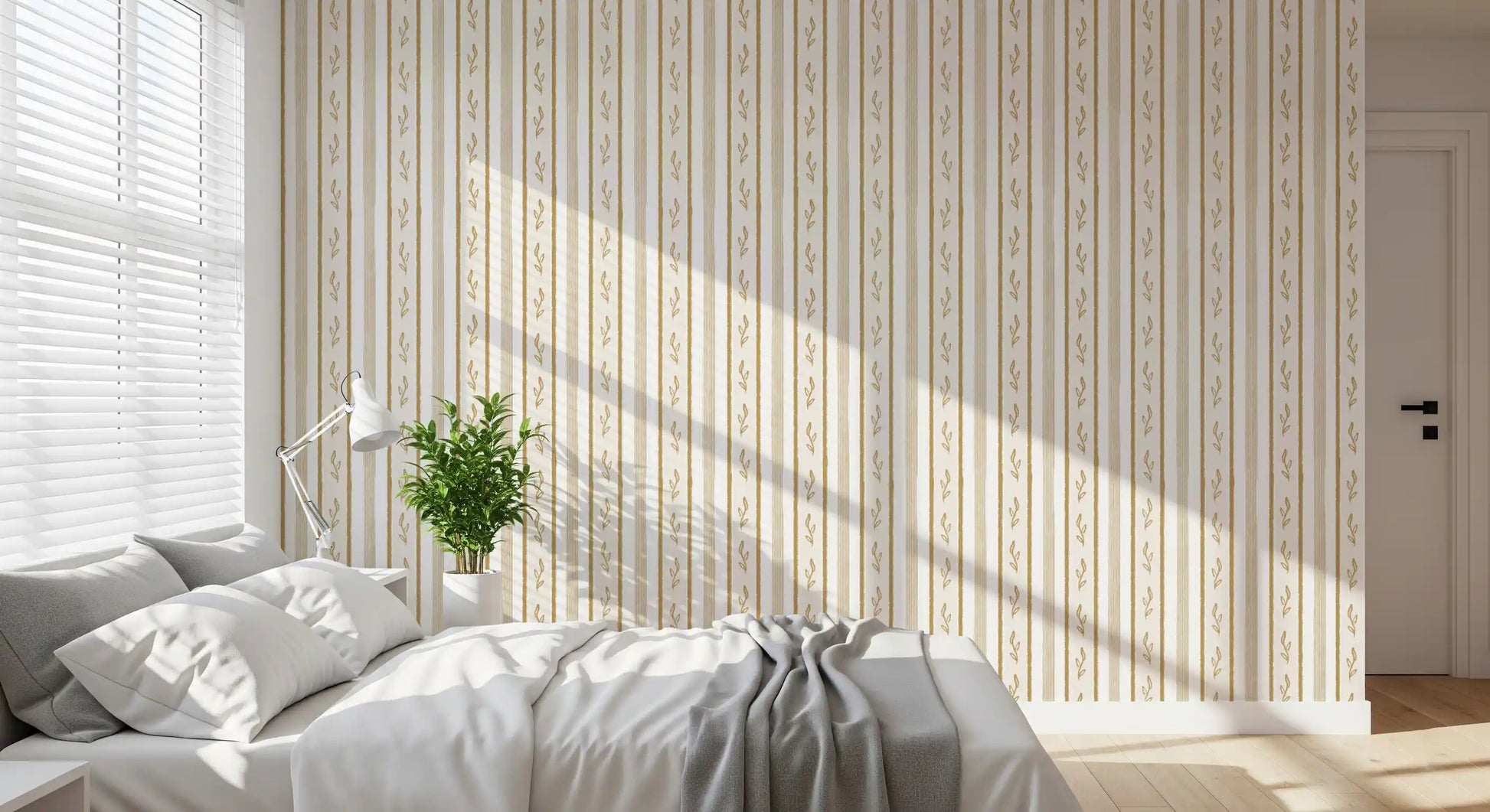 Golden Leaf Striped Botanical Wallpaper⁠