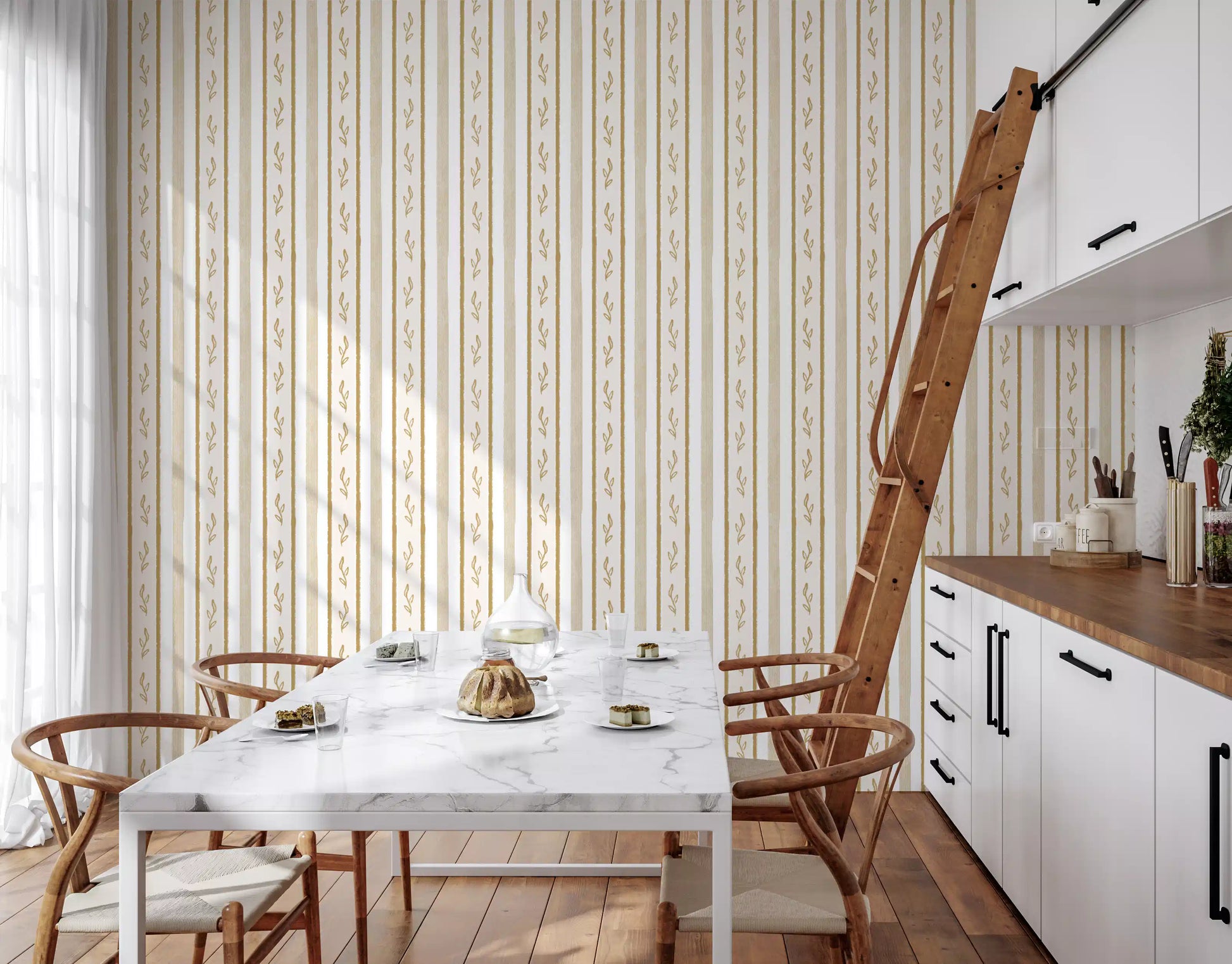 Golden Leaf Striped Botanical Wallpaper⁠