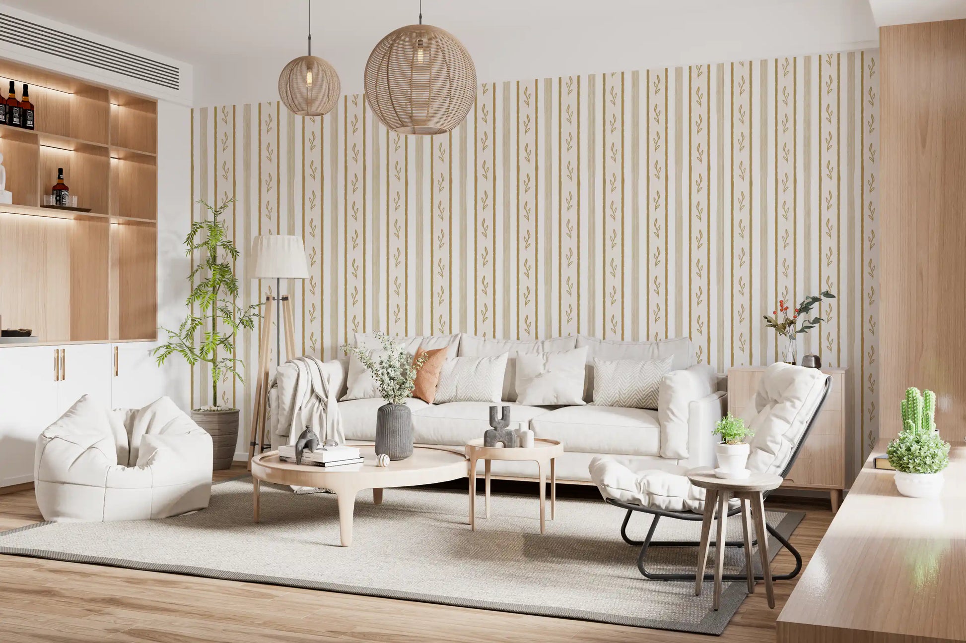 Golden Leaf Striped Botanical Wallpaper⁠