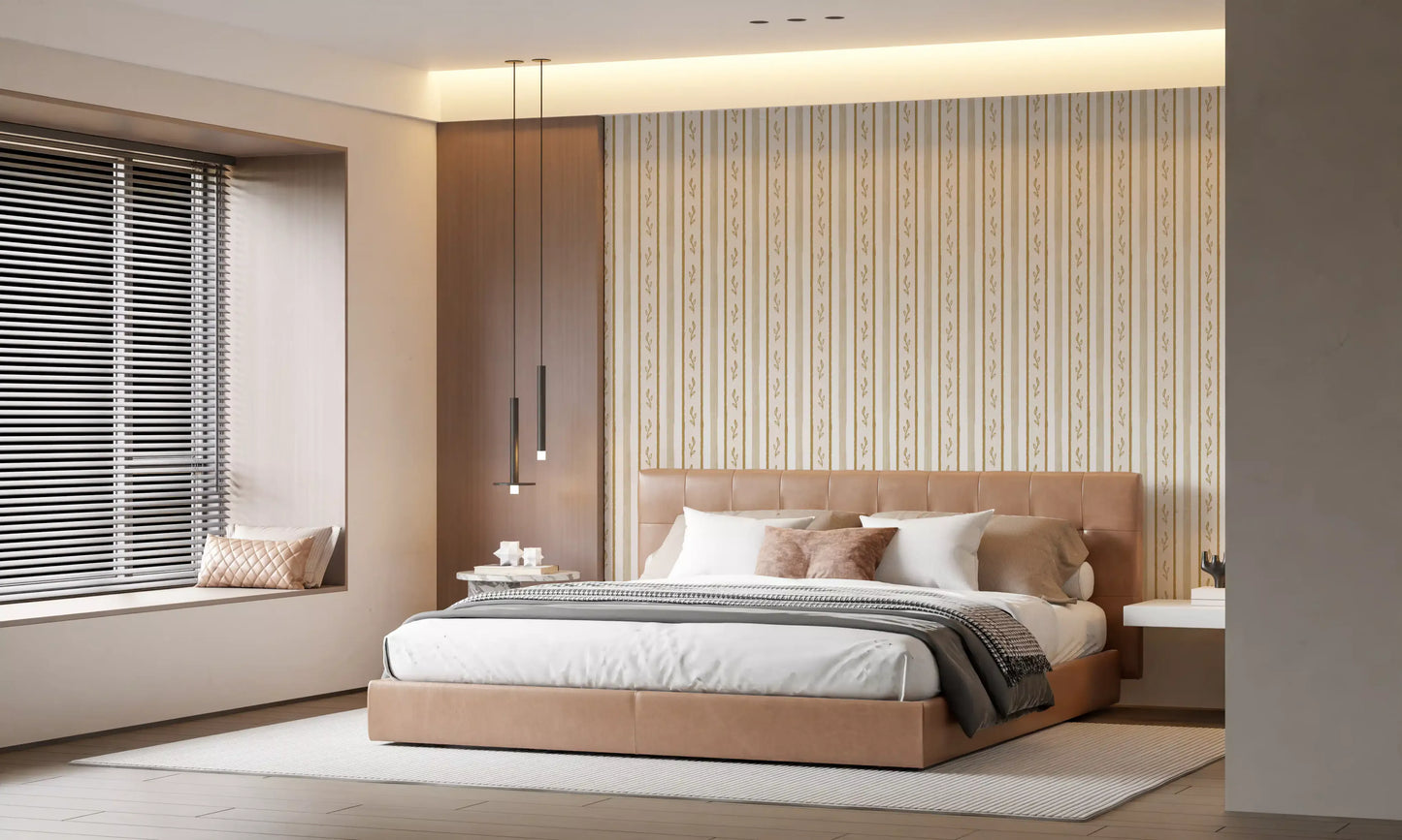 Golden Leaf Striped Botanical Wallpaper⁠