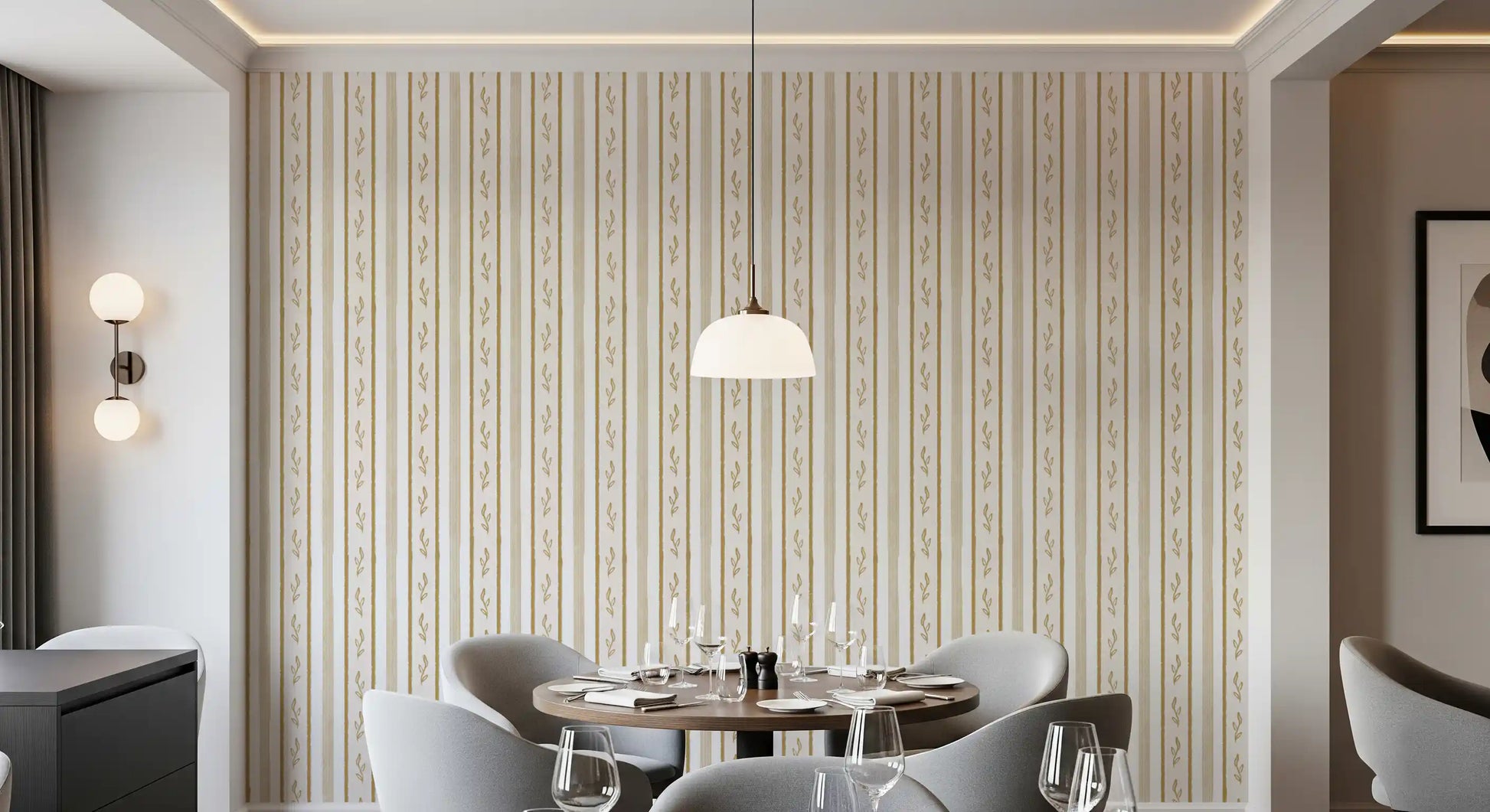 Golden Leaf Striped Botanical Wallpaper⁠