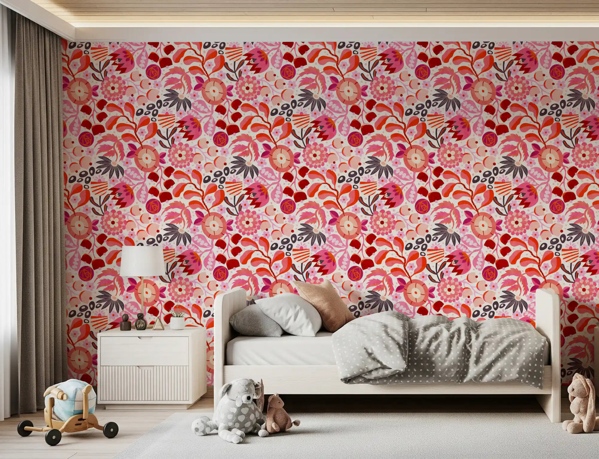 Bright folk floral wallpaper in a toddler bedroom with a low bed GD12023