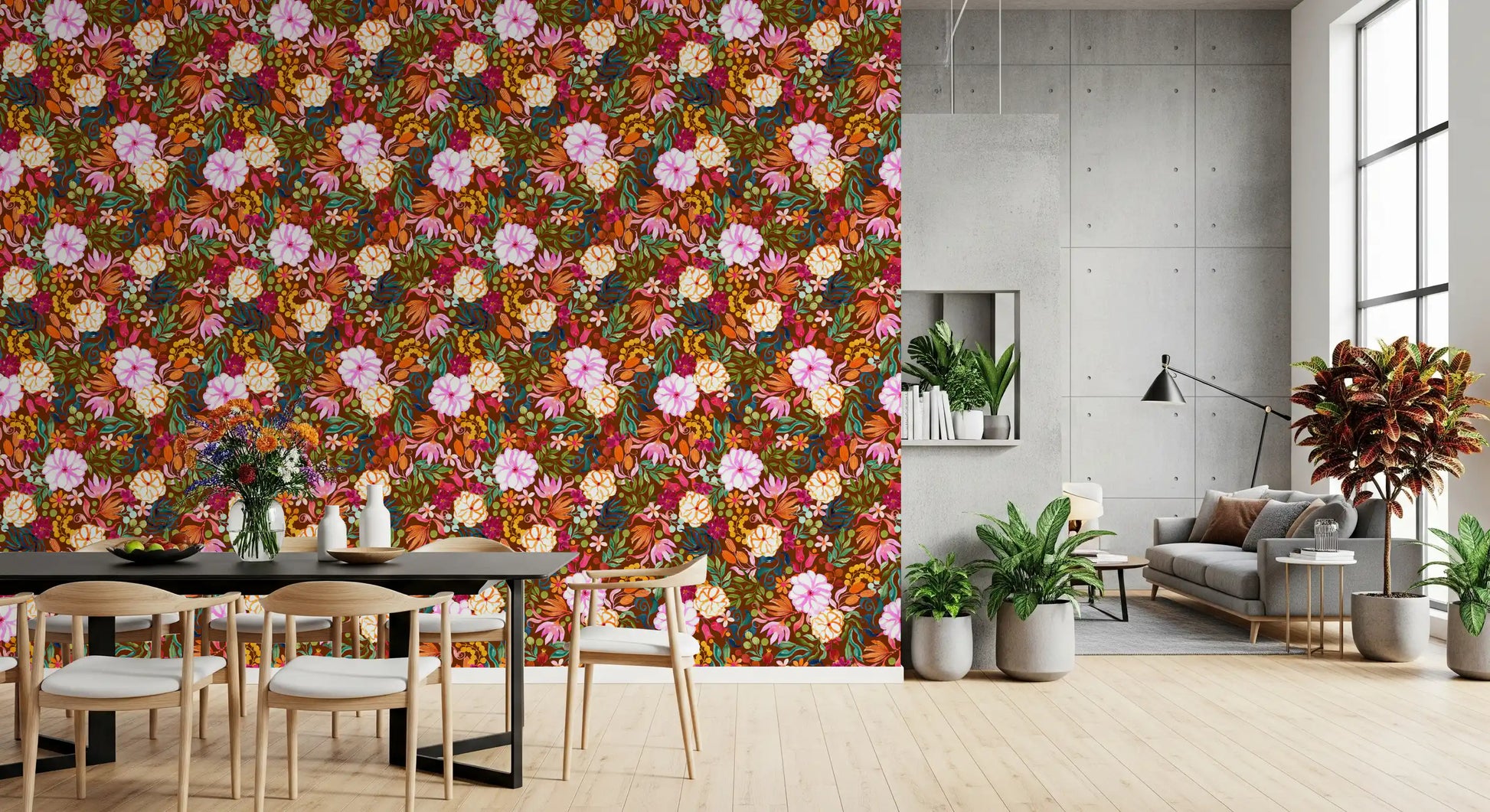 Vivid Hand-Painted Garden Wallpaper⁠