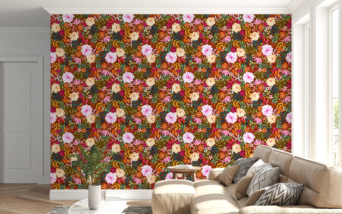 Vivid Hand-Painted Garden Wallpaper⁠