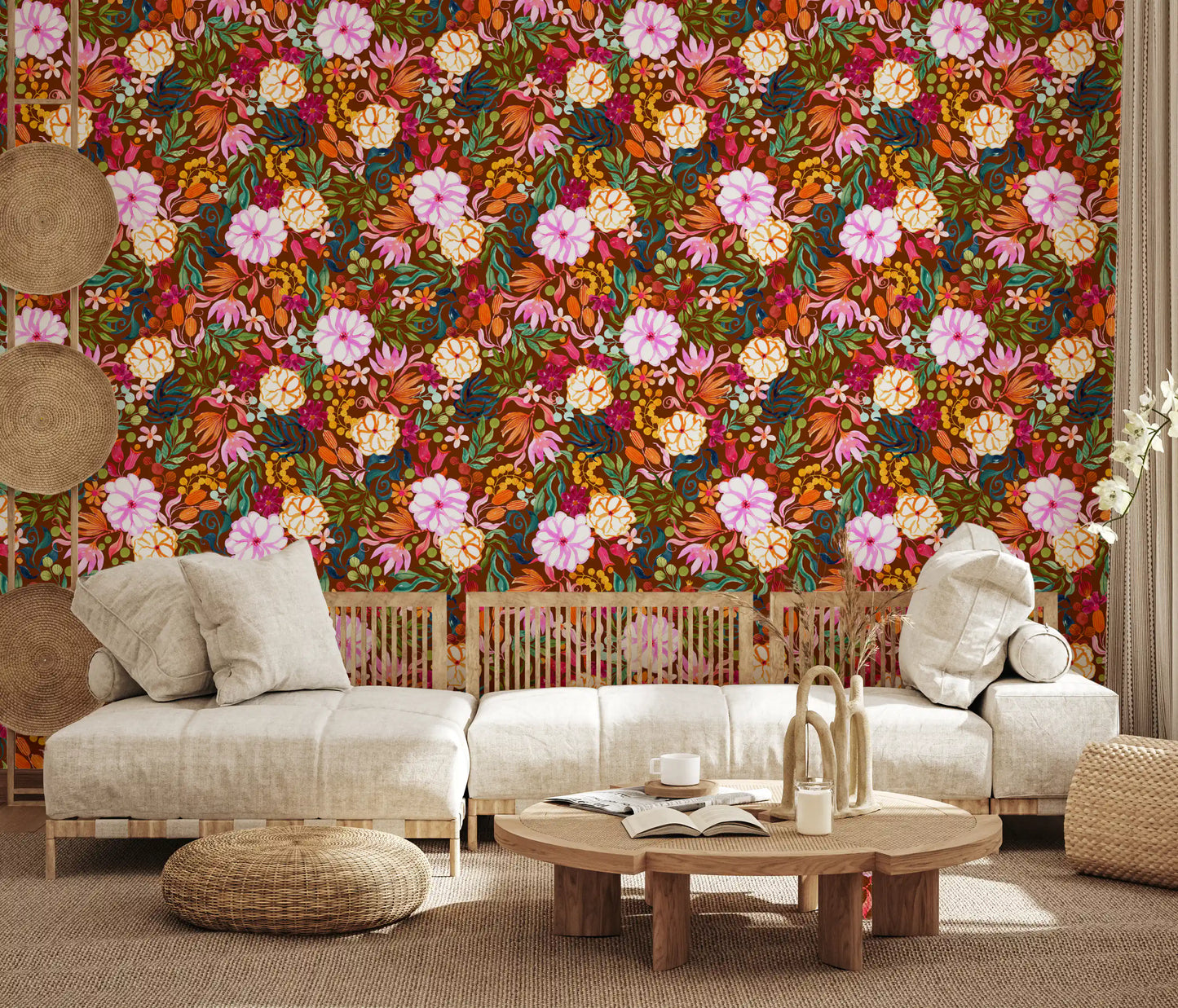 Vivid Hand-Painted Garden Wallpaper⁠