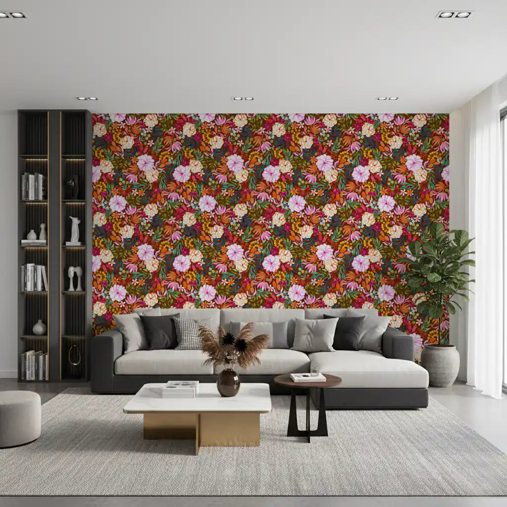 Vivid Hand-Painted Garden Wallpaper⁠