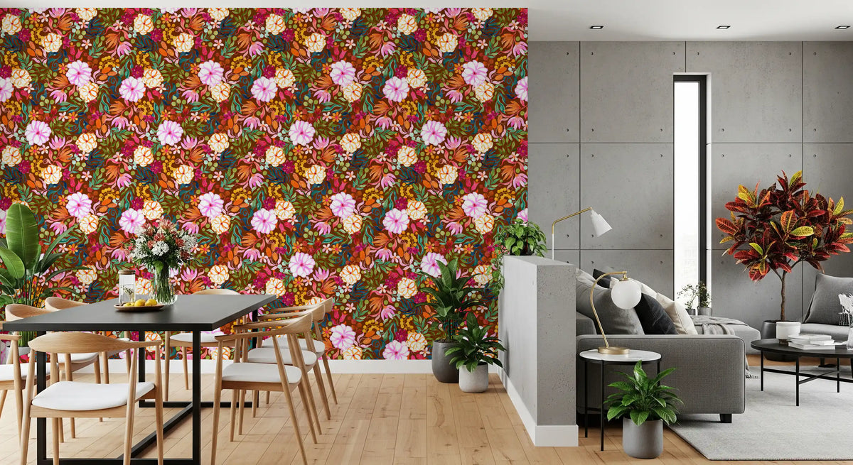 Bold floral feature wall in a modern dining room with wood chairs GD12024