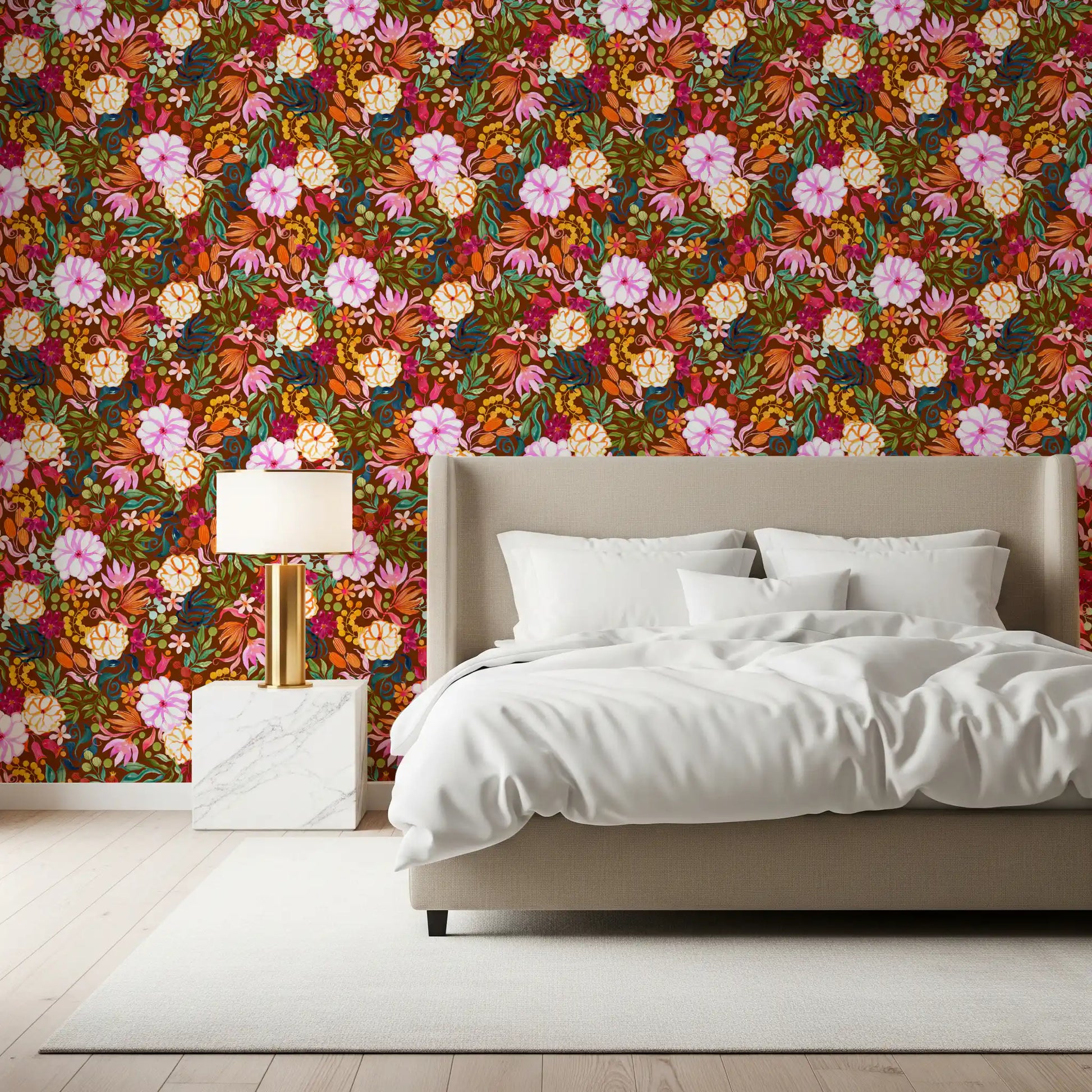 Vivid Hand-Painted Garden Wallpaper⁠