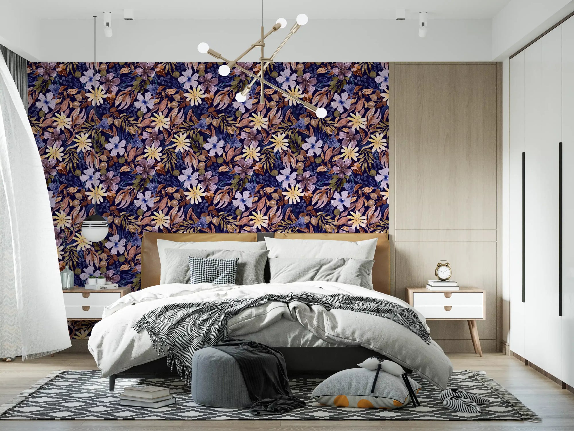 Moody floral feature wall behind a bed in a modern bedroom GD12025