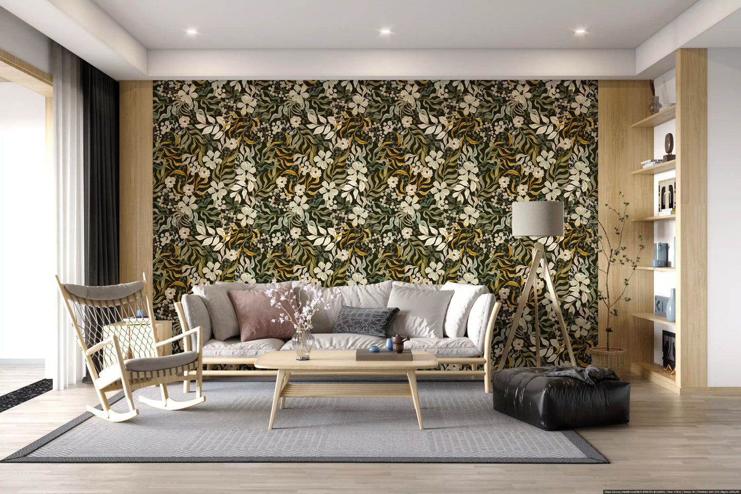 Rustic Cream and Sage Leaf Illustration Wallpaper⁠