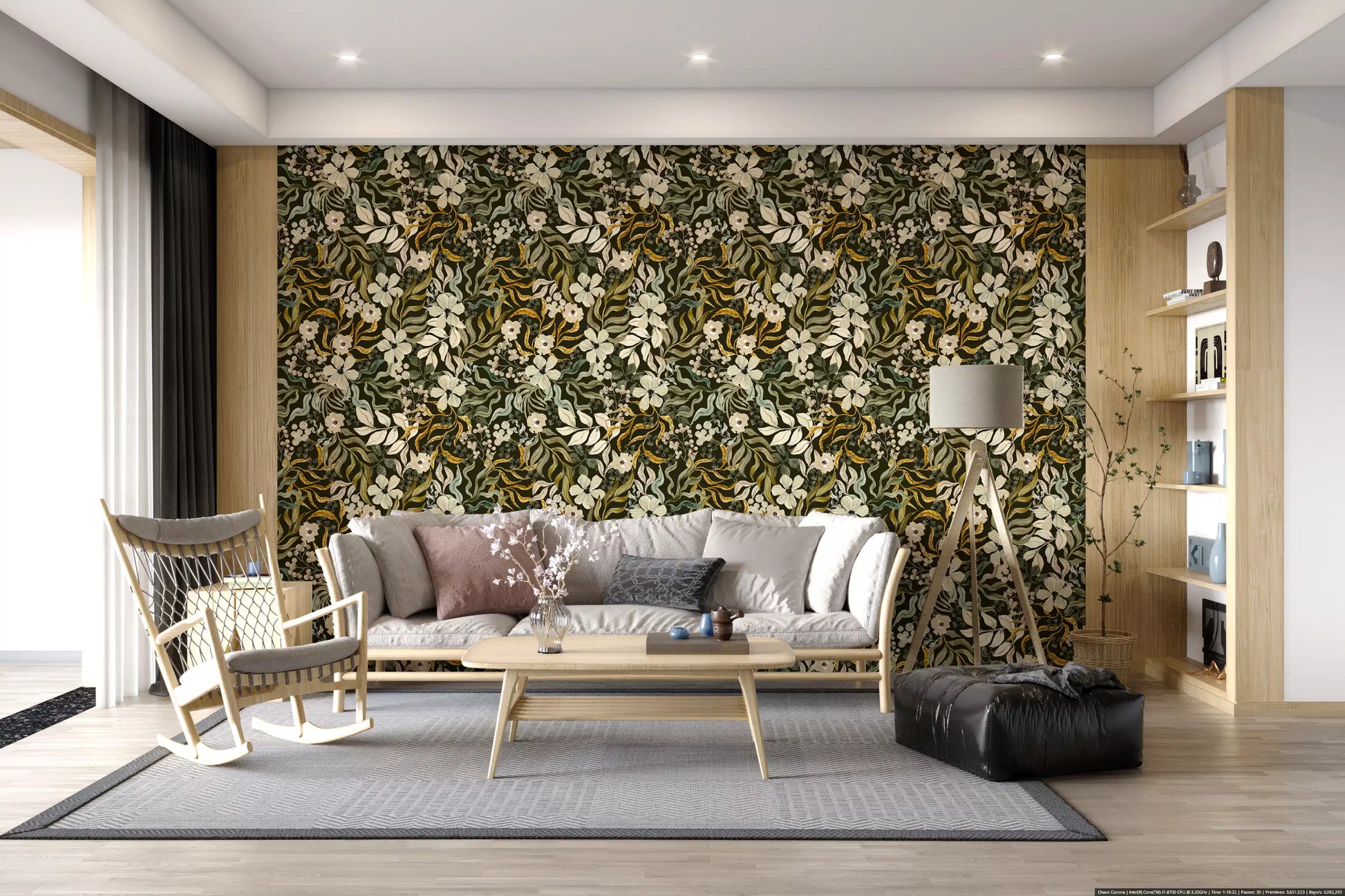 Rustic Cream and Sage Leaf Illustration Wallpaper⁠