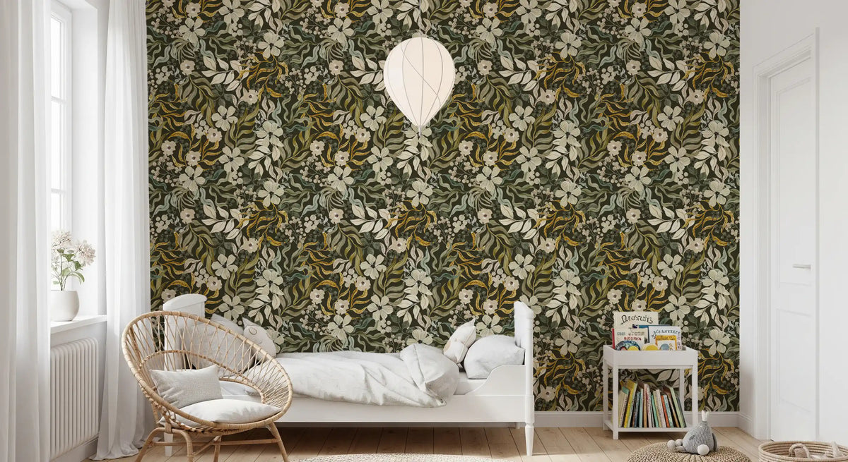 Dark botanical feature wall in a bedroom with a rattan bed GD12028
