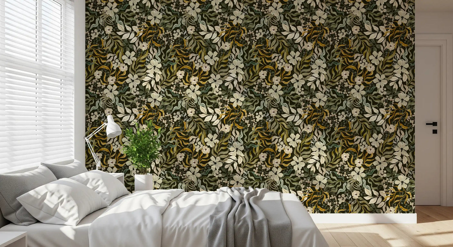 Rustic Cream and Sage Leaf Illustration Wallpaper⁠