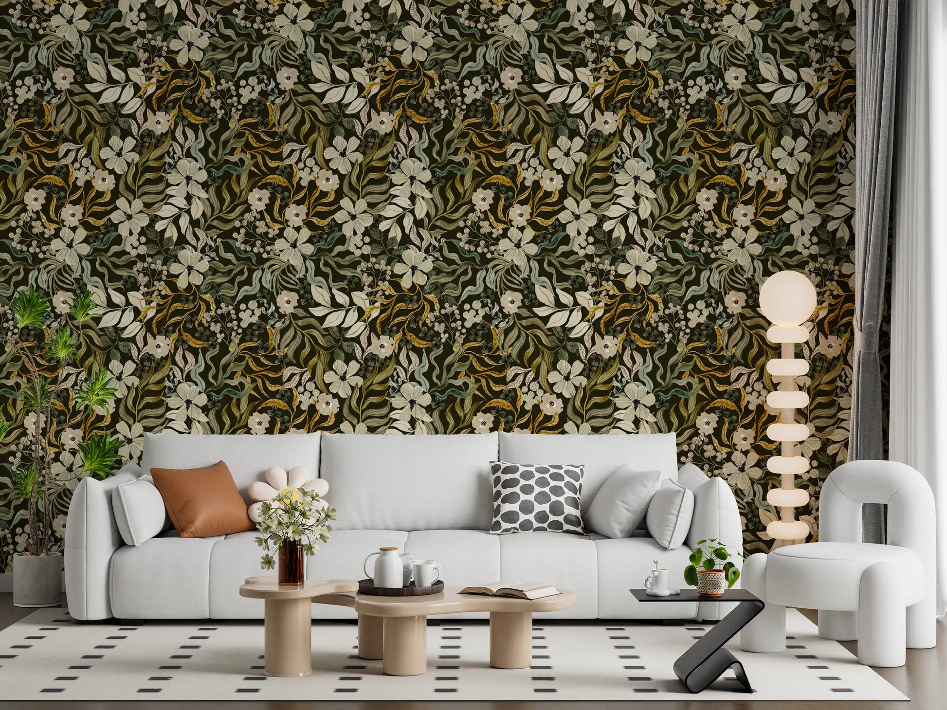 Rustic Cream and Sage Leaf Illustration Wallpaper⁠