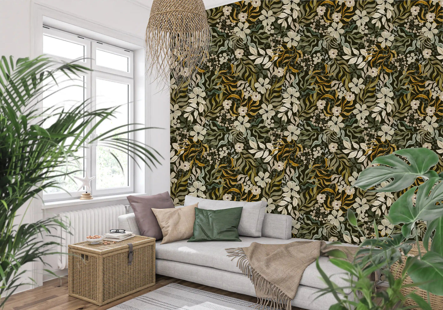 Rustic Cream and Sage Leaf Illustration Wallpaper⁠