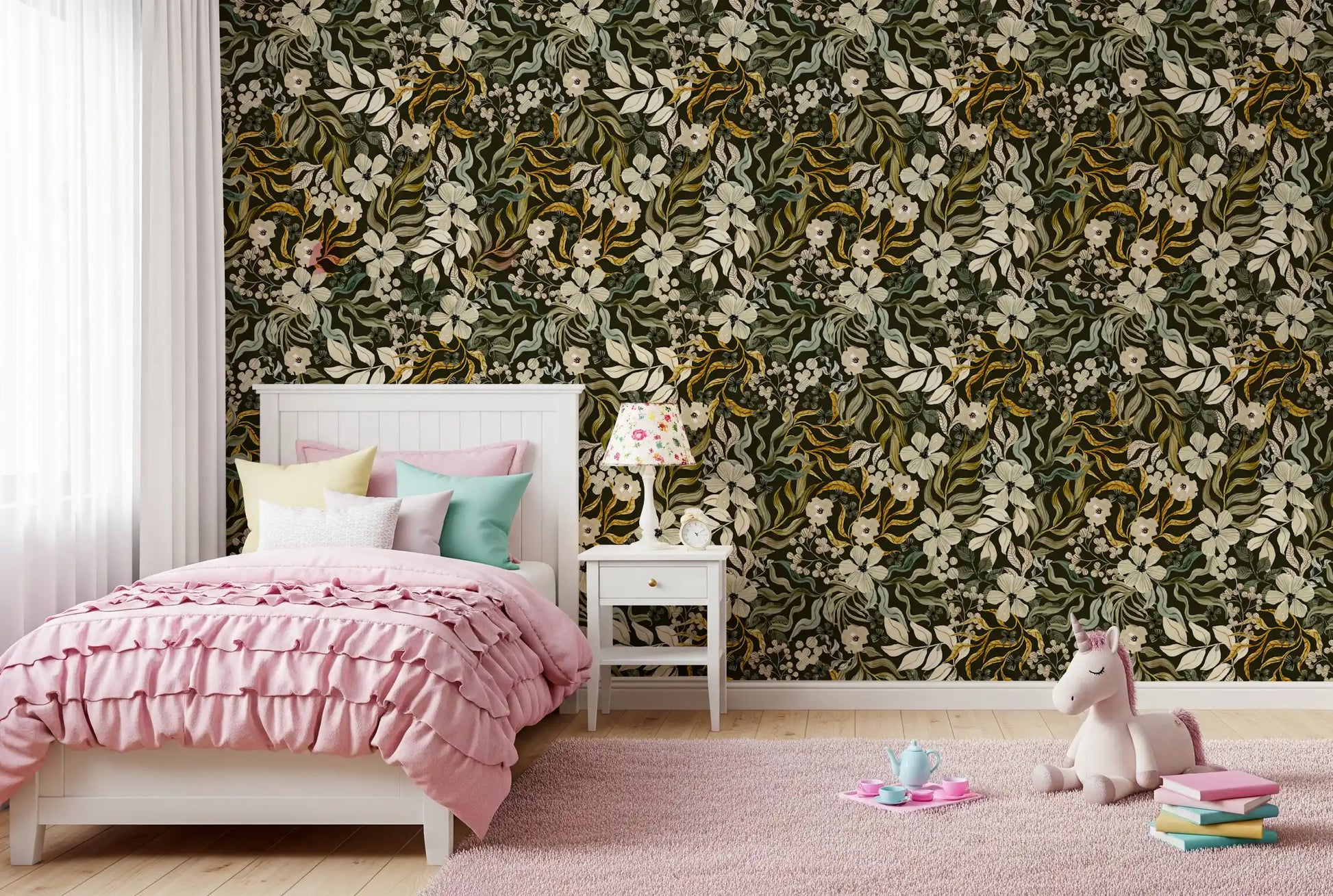 Rustic Cream and Sage Leaf Illustration Wallpaper⁠