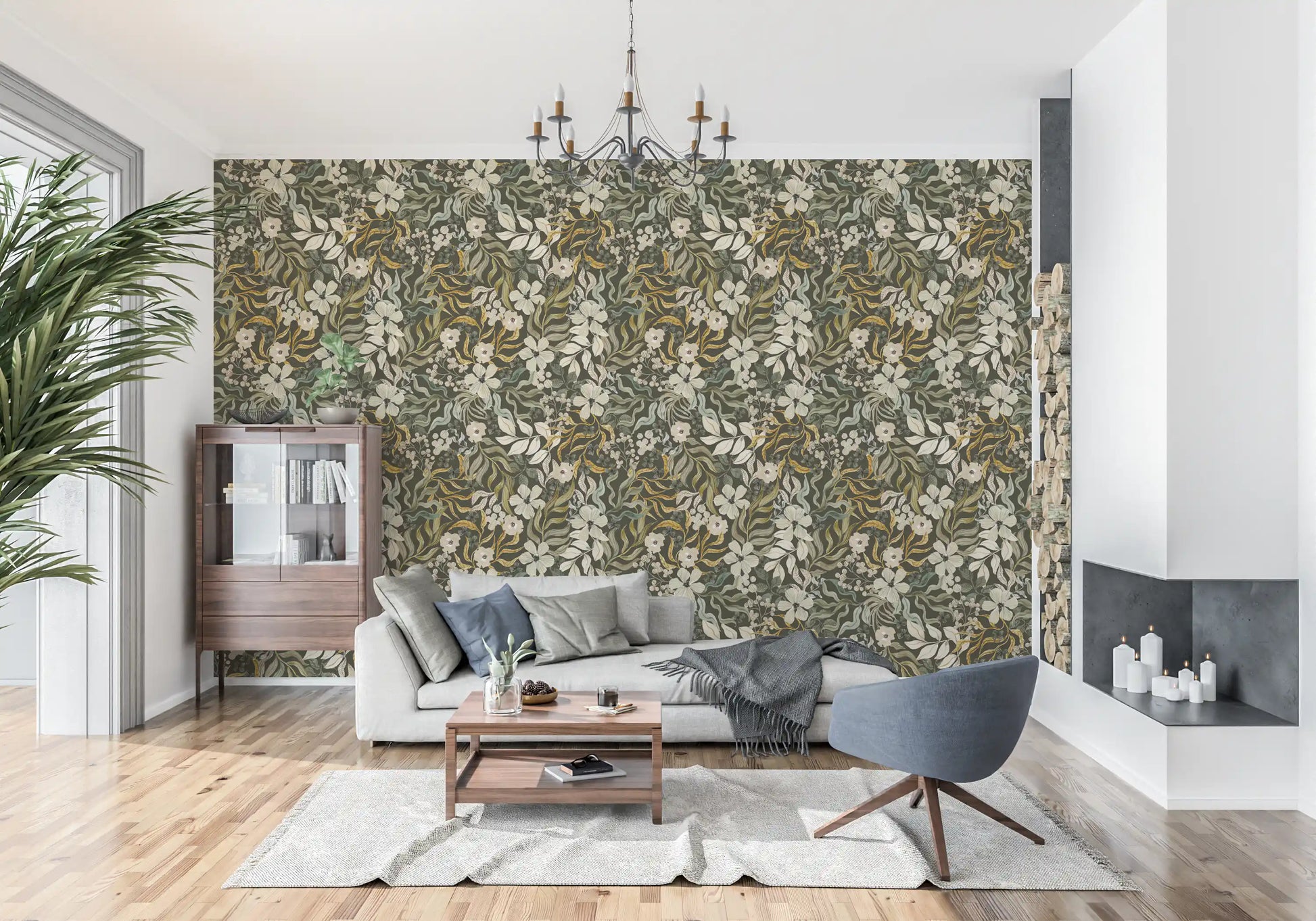 Rustic Cream and Sage Leaf Illustration Wallpaper⁠