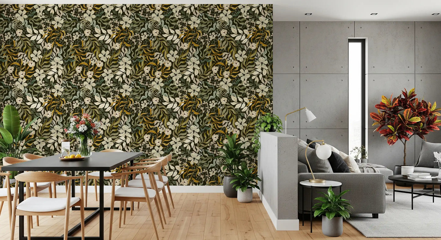 Rustic Cream and Sage Leaf Illustration Wallpaper⁠