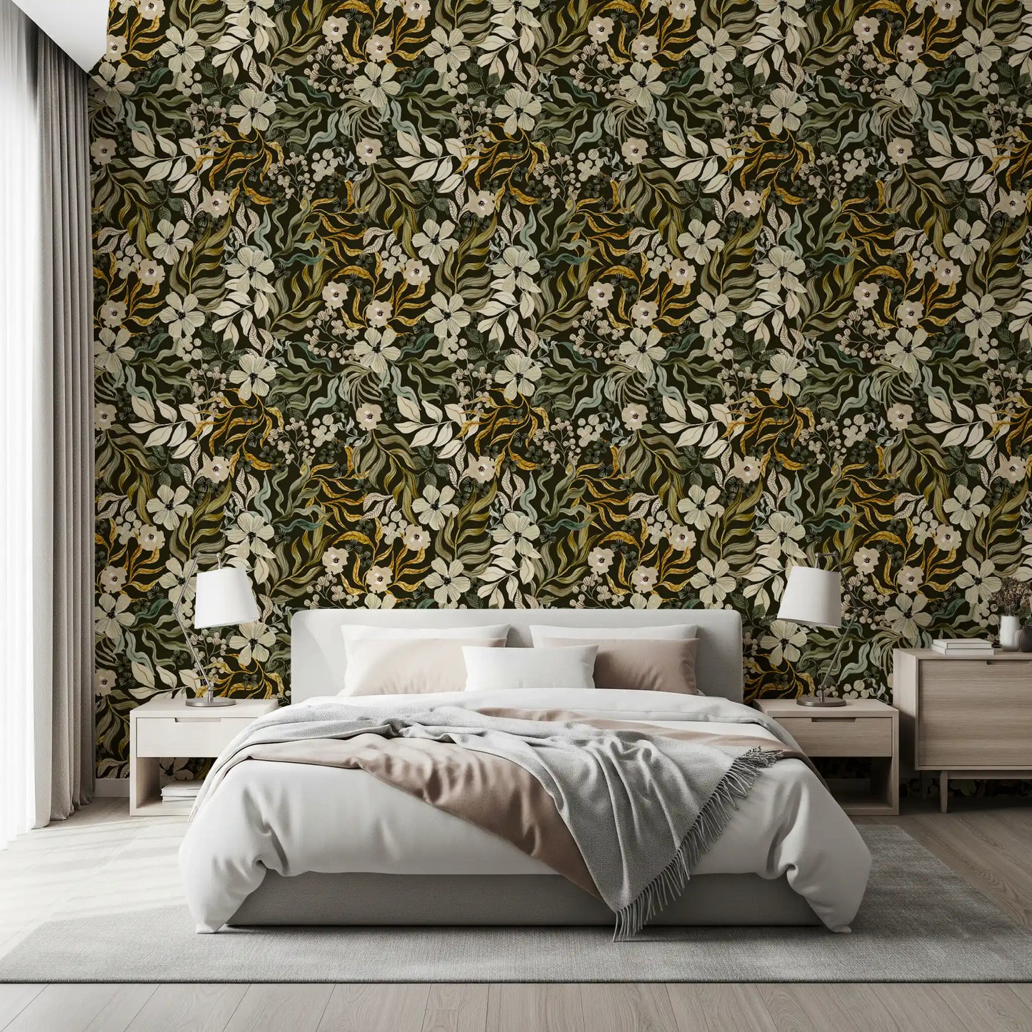 Rustic Cream and Sage Leaf Illustration Wallpaper⁠