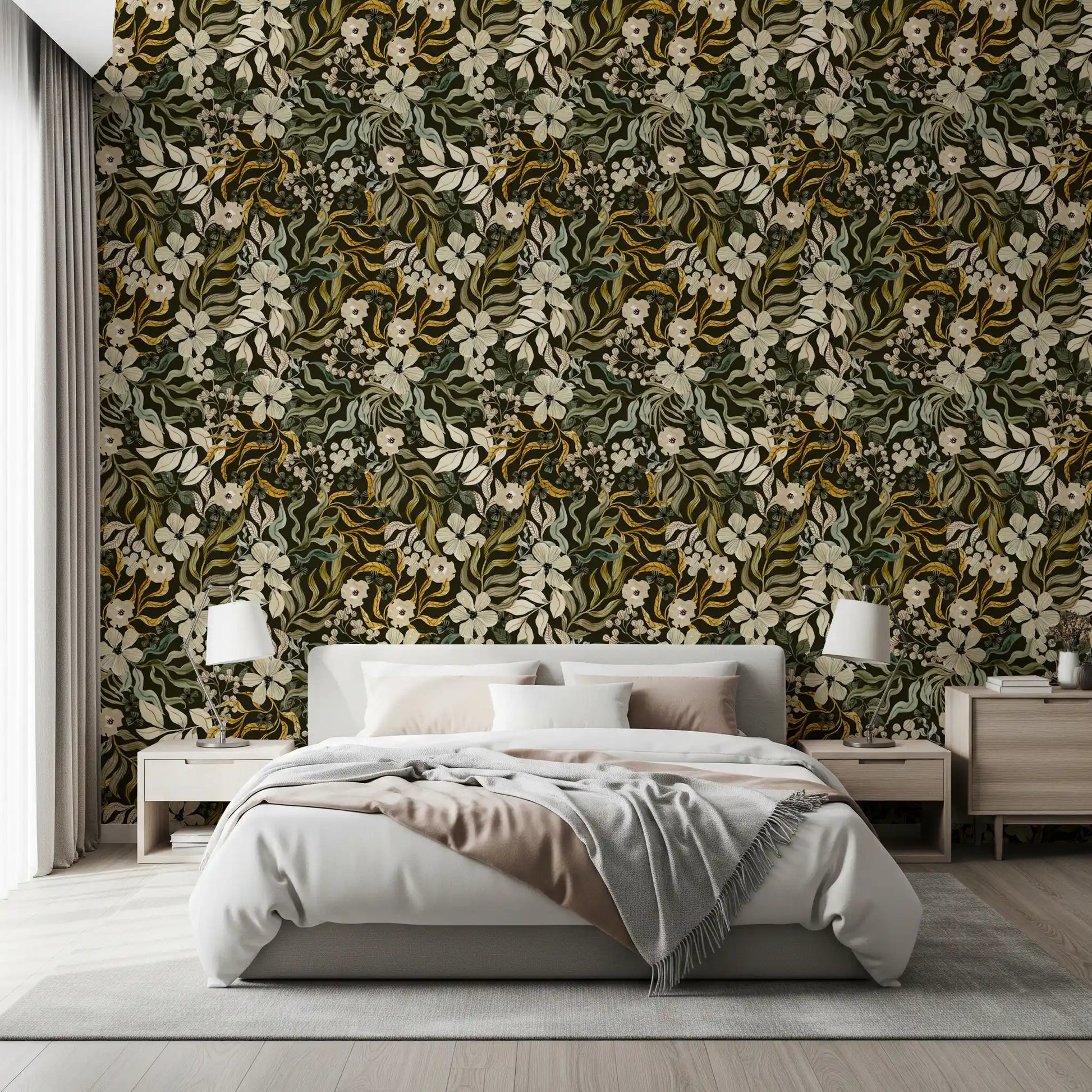 Rustic Cream and Sage Leaf Illustration Wallpaper⁠