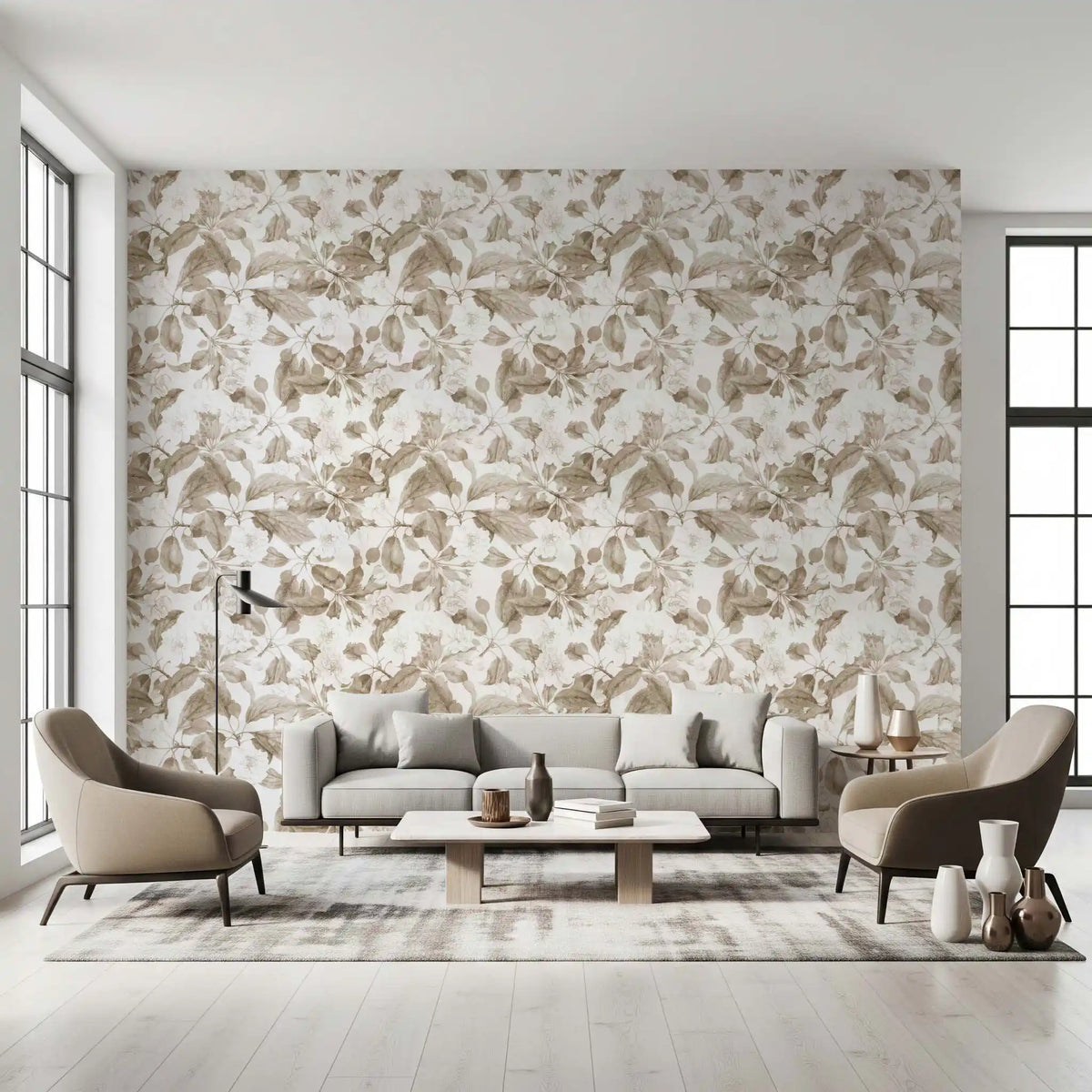 Neutral botanical feature wall in a bright living room GD12029