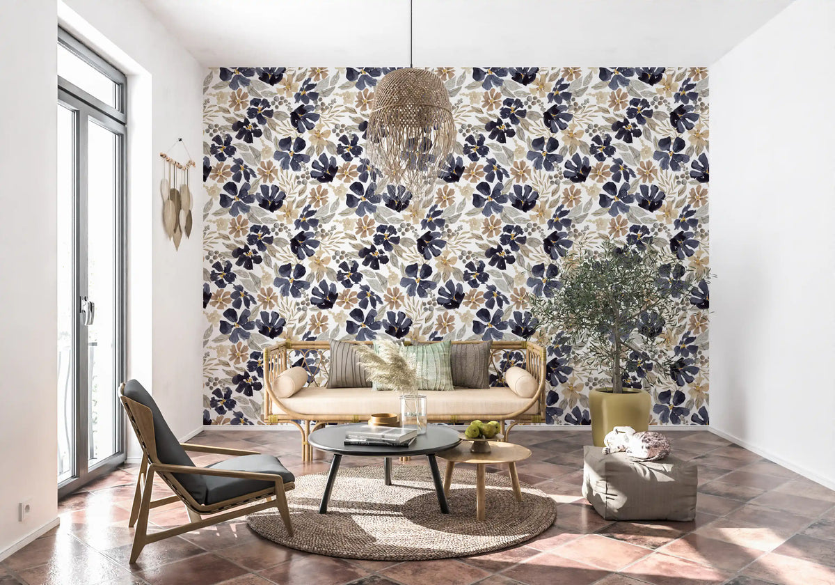 Navy floral feature wall in a bright living room with a rattan chair GD12031