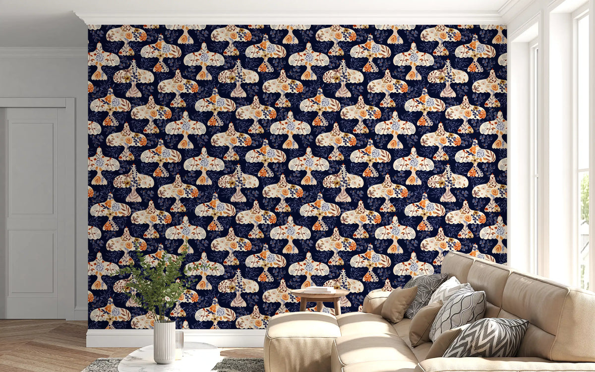 Navy bird motif wallpaper in a living room with a cream sofa GD12035