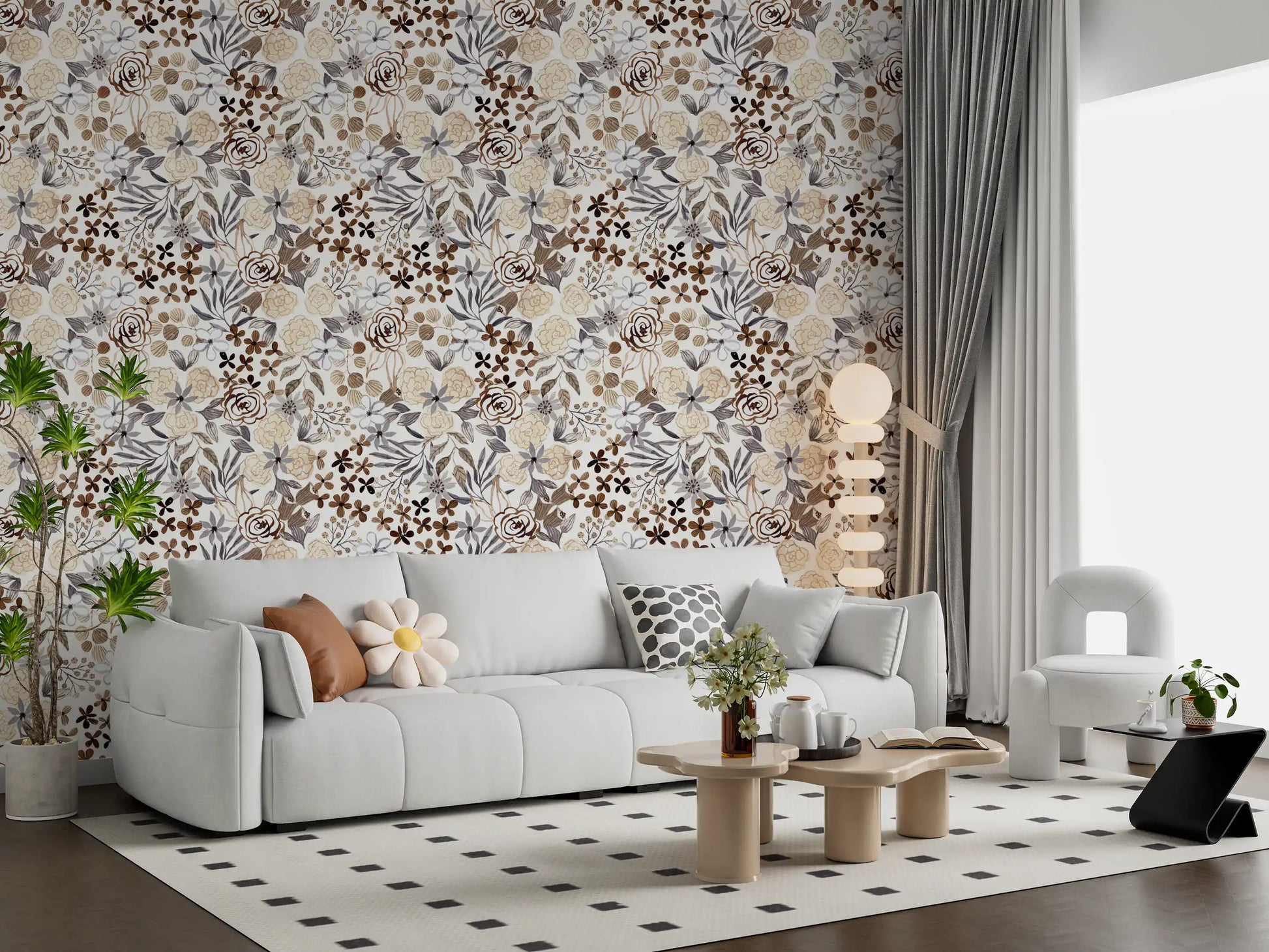 Rustic Sepia Floral Field Wallpaper⁠