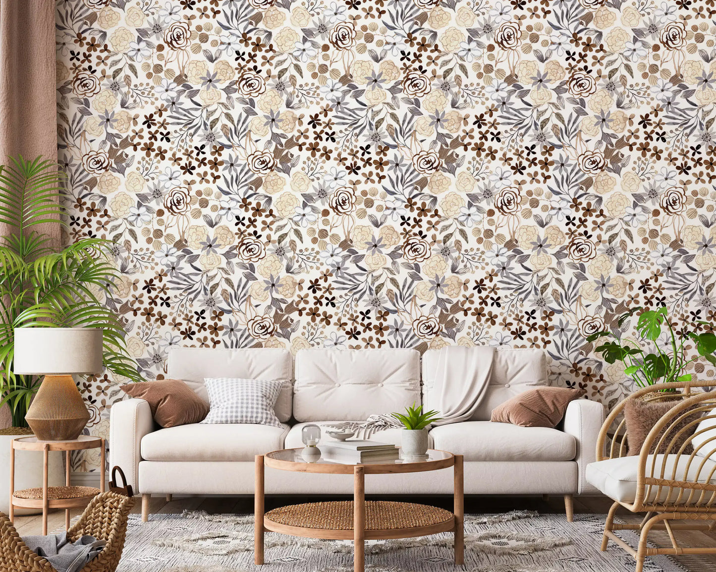 Rustic Sepia Floral Field Wallpaper⁠