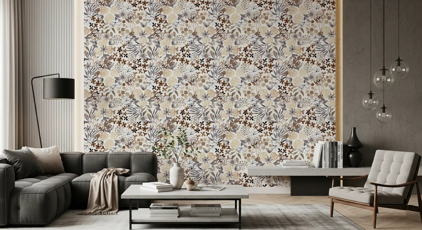 Rustic Sepia Floral Field Wallpaper⁠