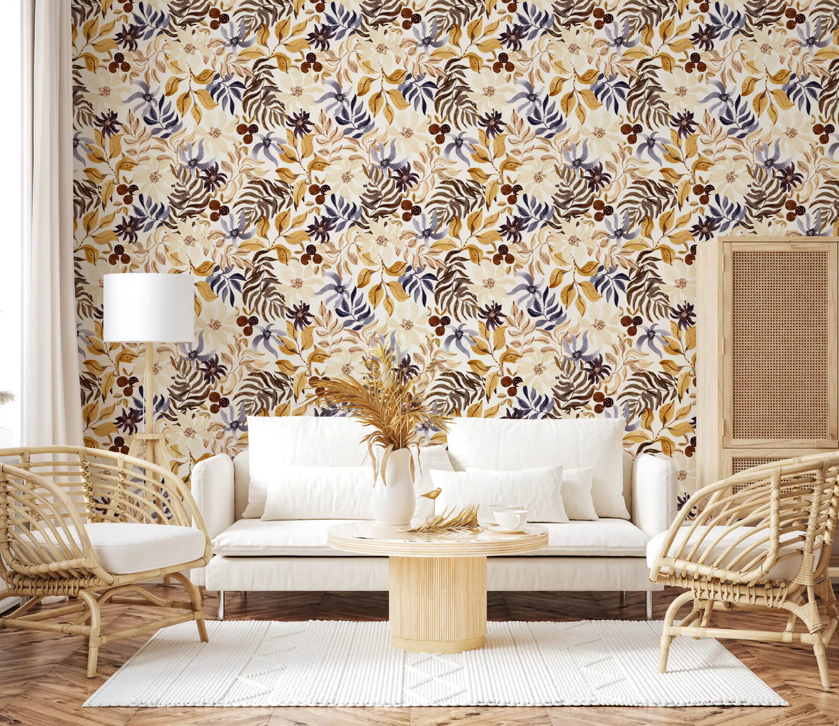 Autumn harvest botanical wallpaper in a light living room GD12048