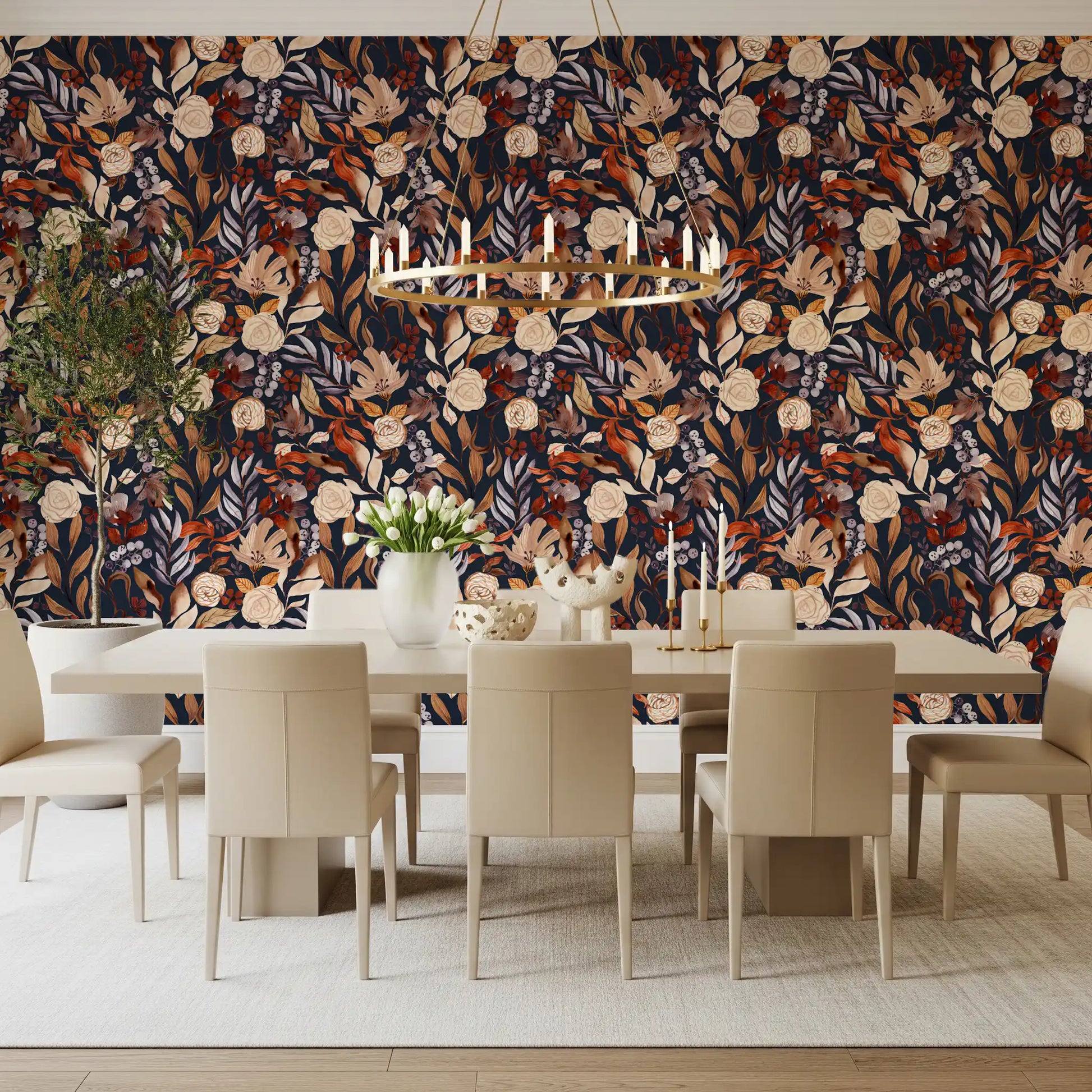 Autumn Botanical Twilight Blooms Wallpaper⁠