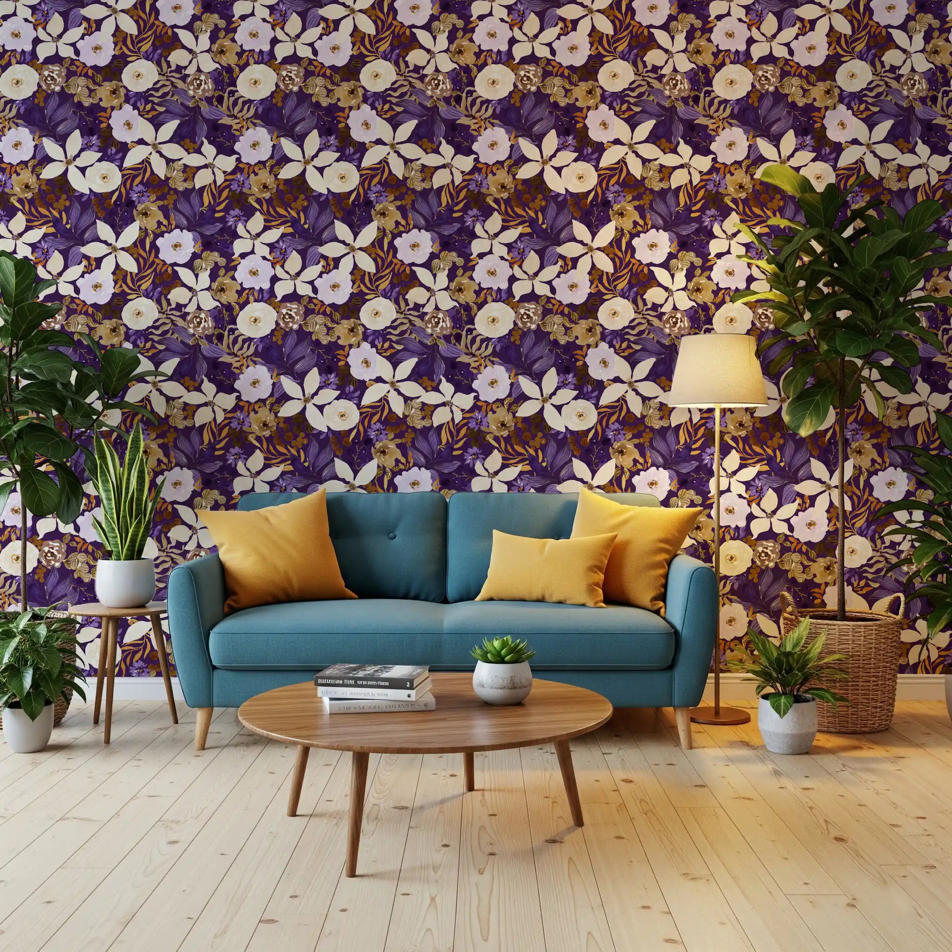 Rustic Cream and Purple Floral Repeat Wallpaper⁠
