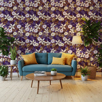 Rustic Cream and Purple Floral Repeat Wallpaper⁠