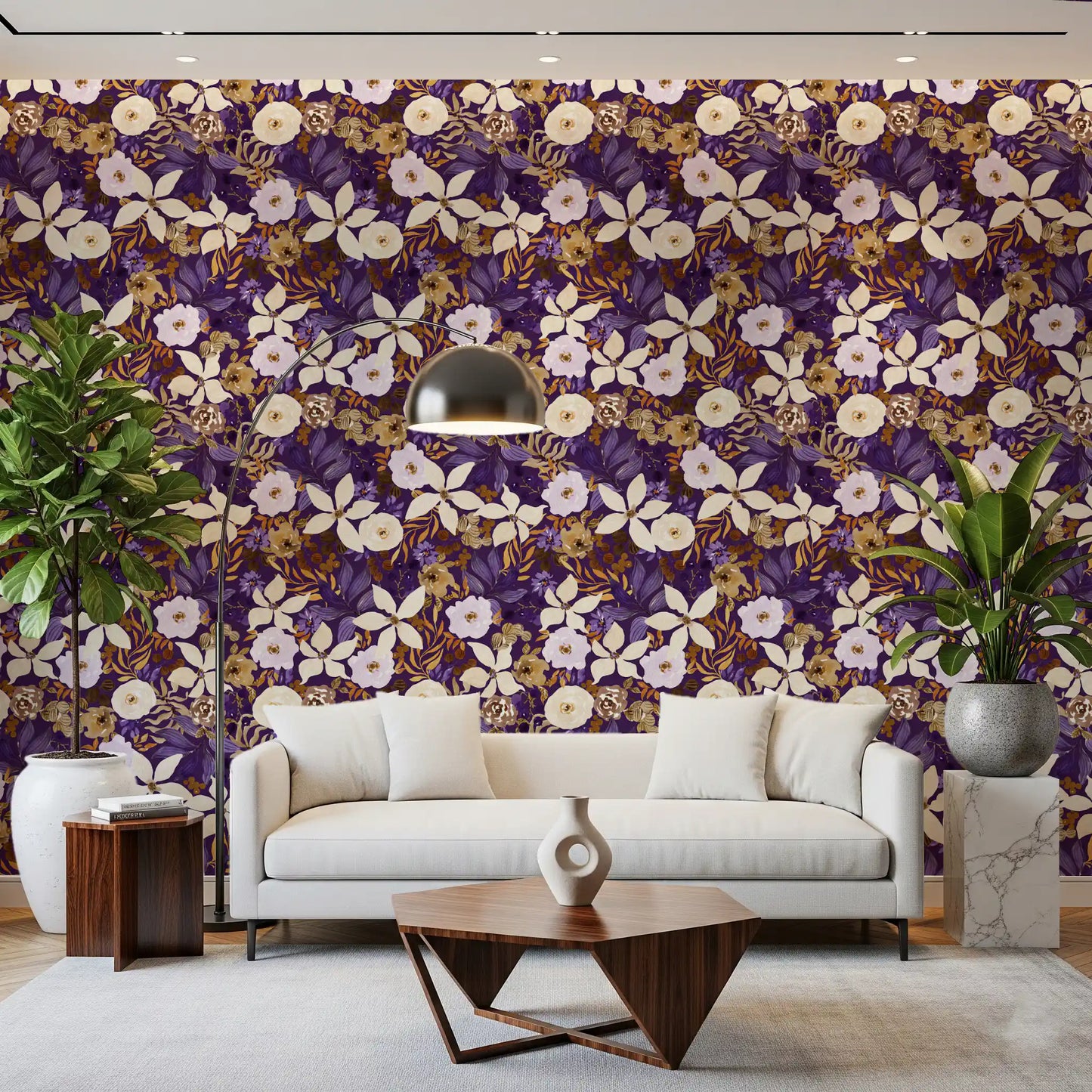 Rustic Cream and Purple Floral Repeat Wallpaper⁠