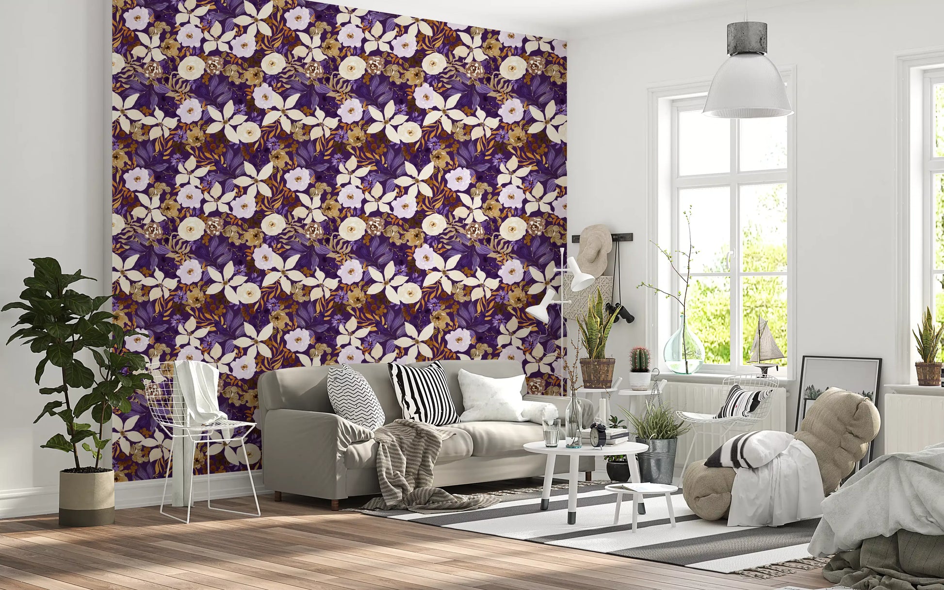 Rustic Cream and Purple Floral Repeat Wallpaper⁠