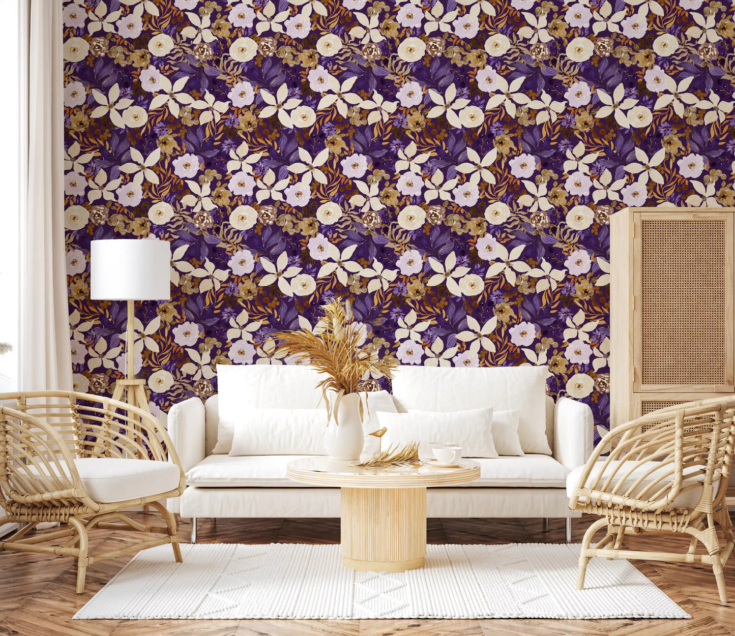 Rustic Cream and Purple Floral Repeat Wallpaper⁠