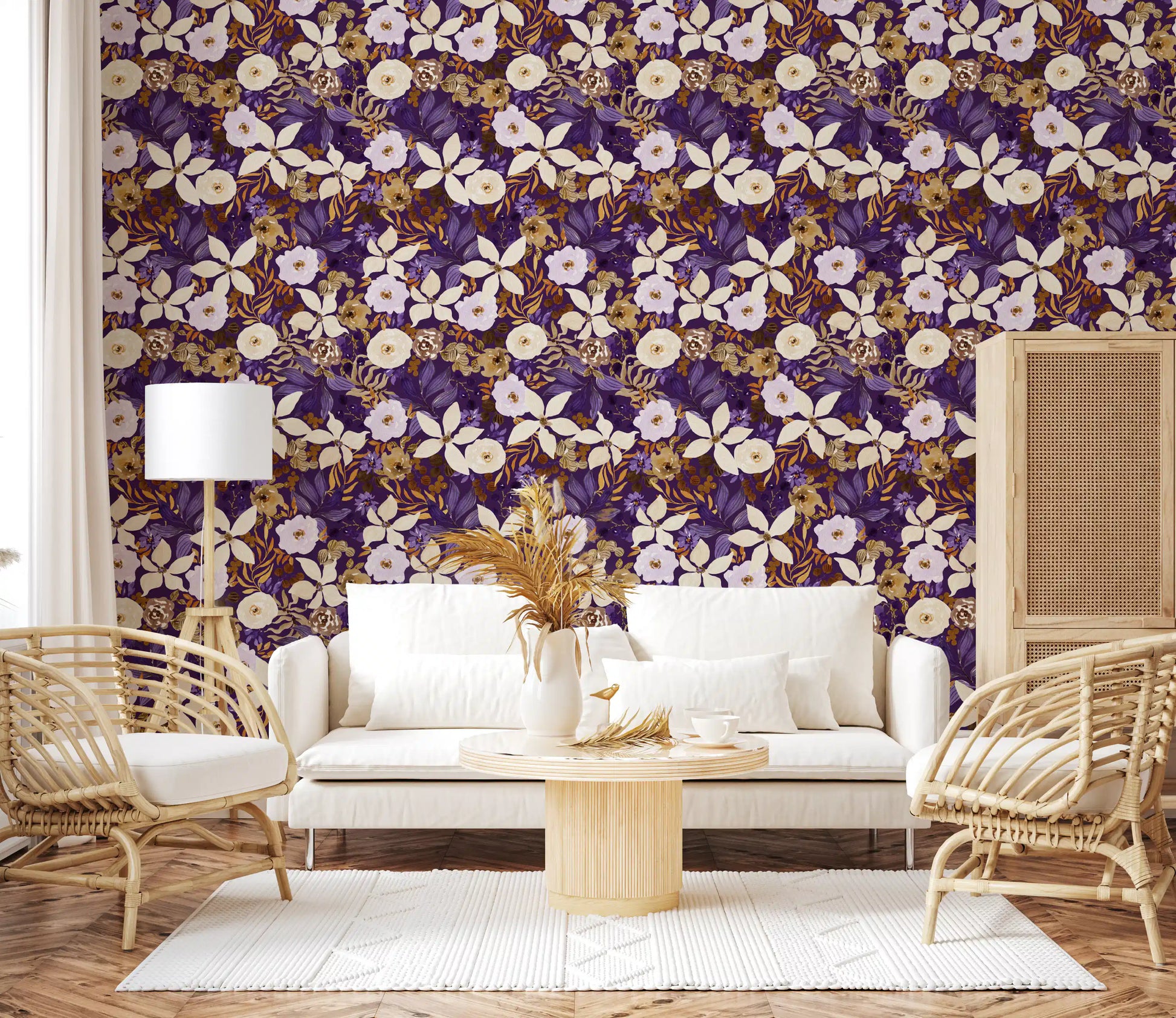 Rustic Cream and Purple Floral Repeat Wallpaper⁠