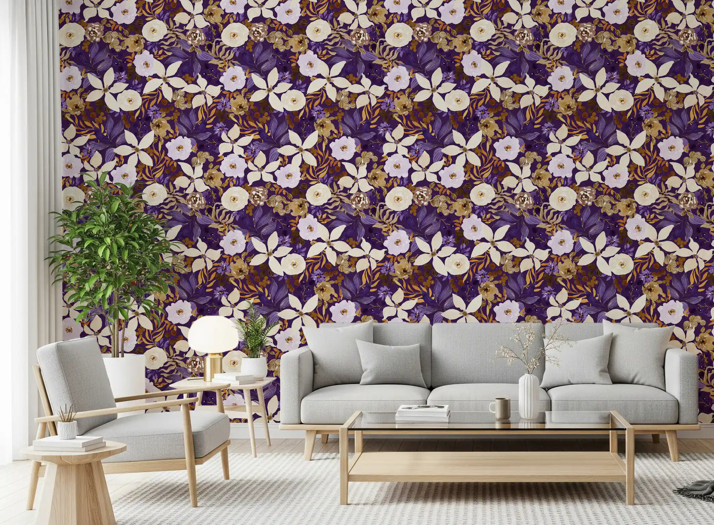Rustic Cream and Purple Floral Repeat Wallpaper⁠