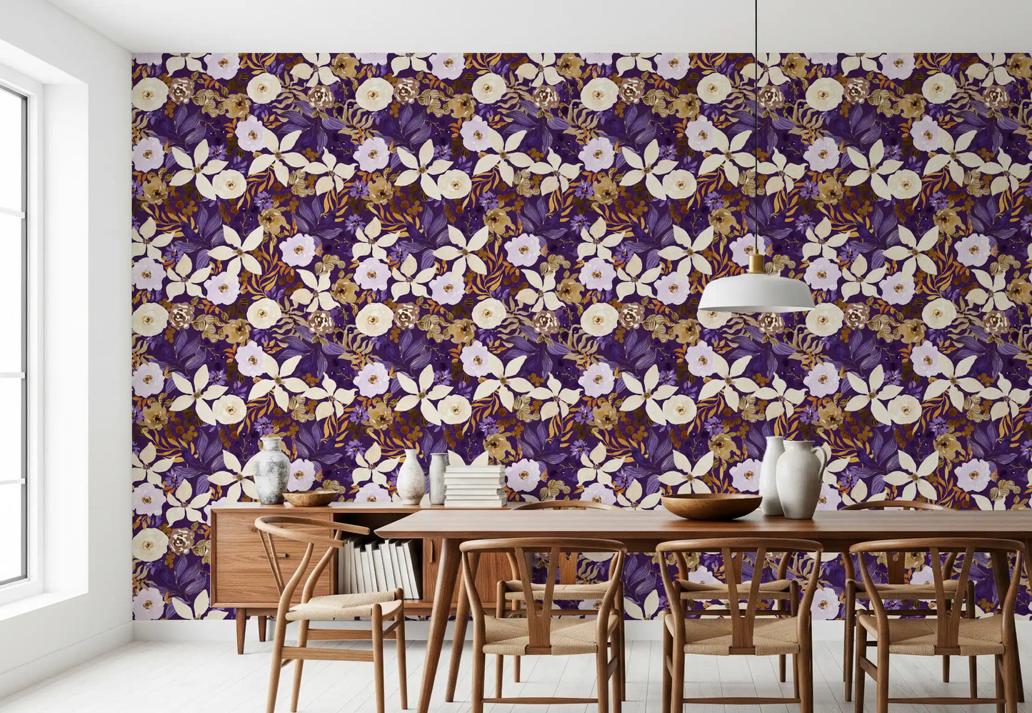 Rustic Cream and Purple Floral Repeat Wallpaper⁠